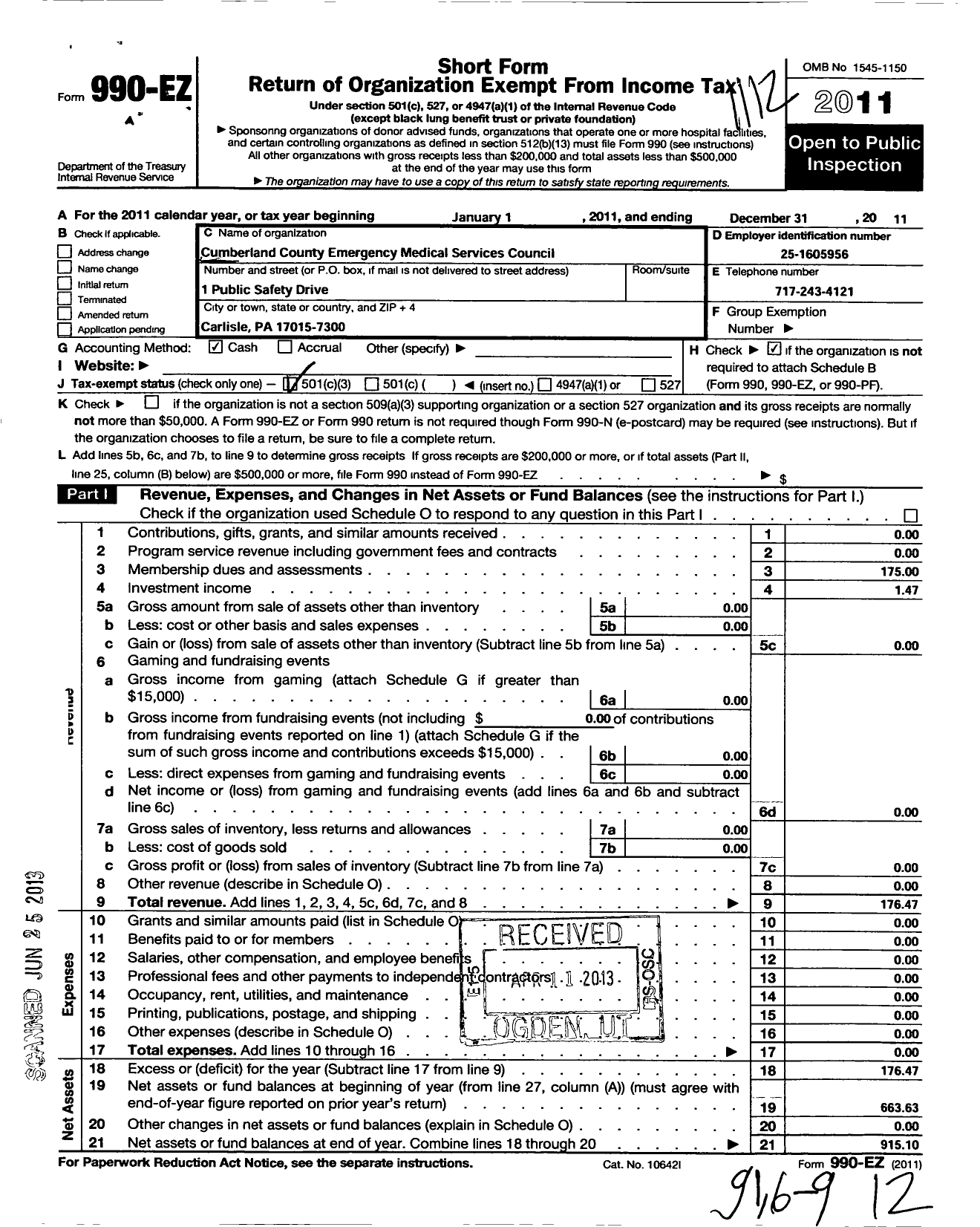 Image of first page of 2011 Form 990EZ for Cumberland County Emergency Medical Services Council