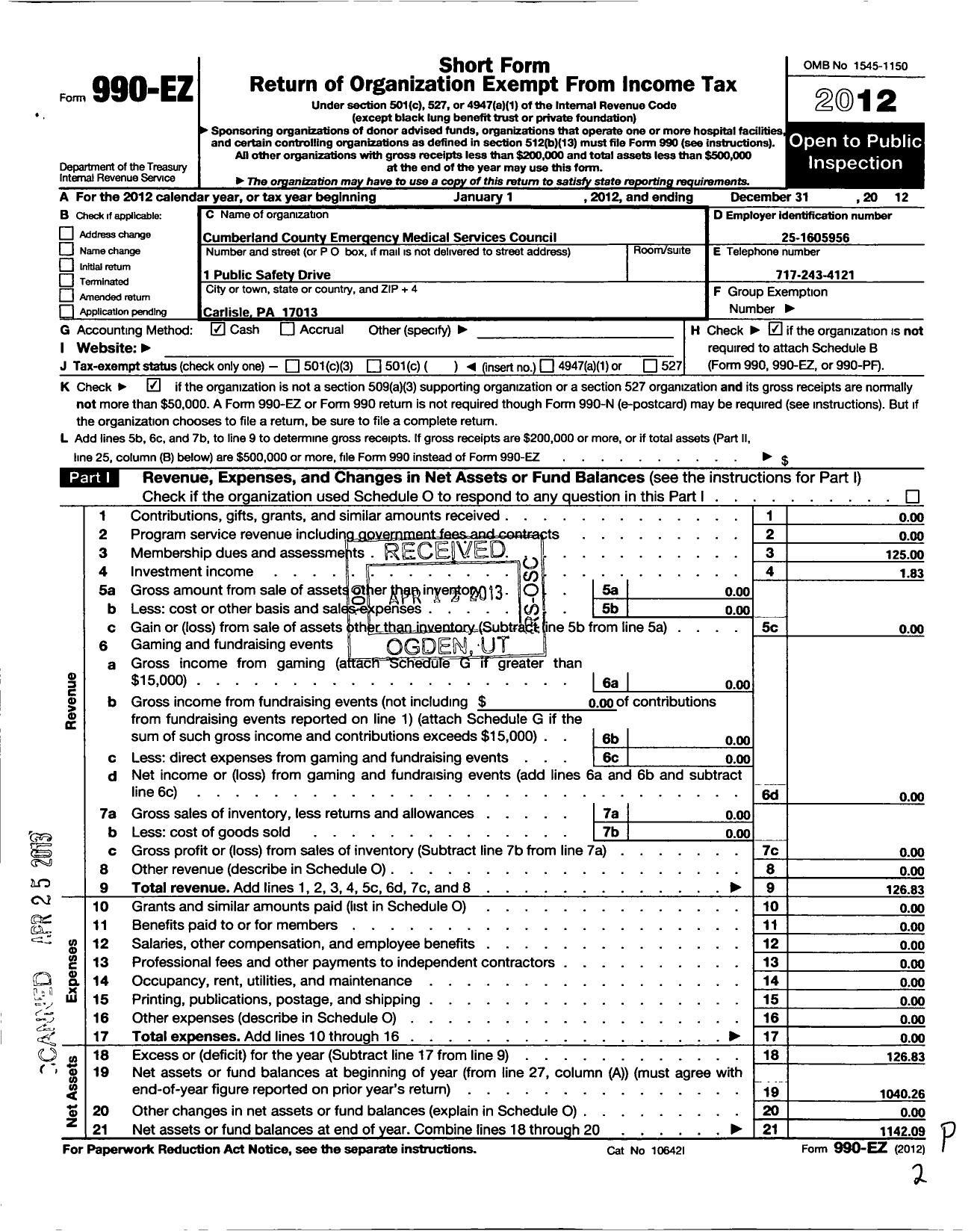 Image of first page of 2012 Form 990EO for Cumberland County Emergency Medical Services Council