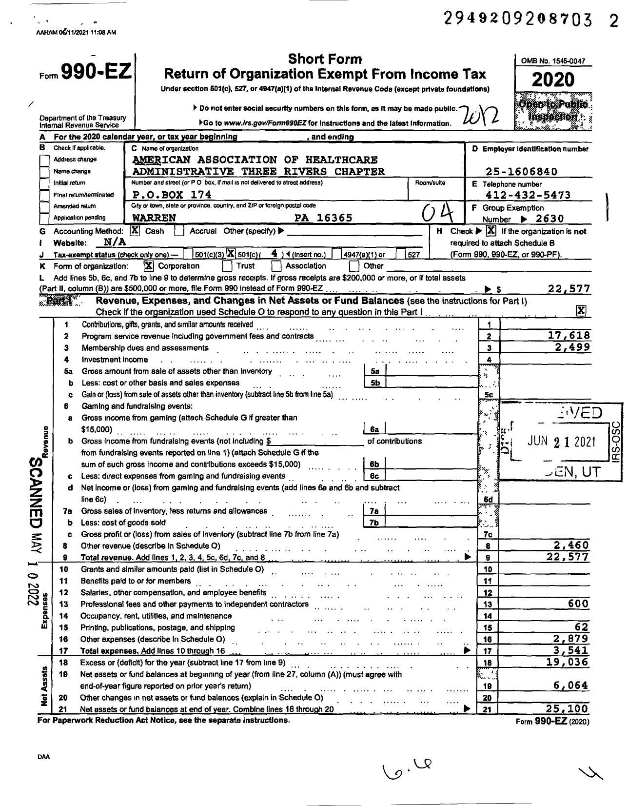 Image of first page of 2020 Form 990EO for American Association of Healthcare Administrative Management - 37 Three Rivers Chapter