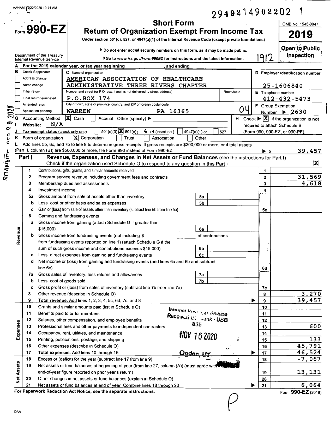 Image of first page of 2019 Form 990EO for American Association of Healthcare Administrative Management - 37 Three Rivers Chapter