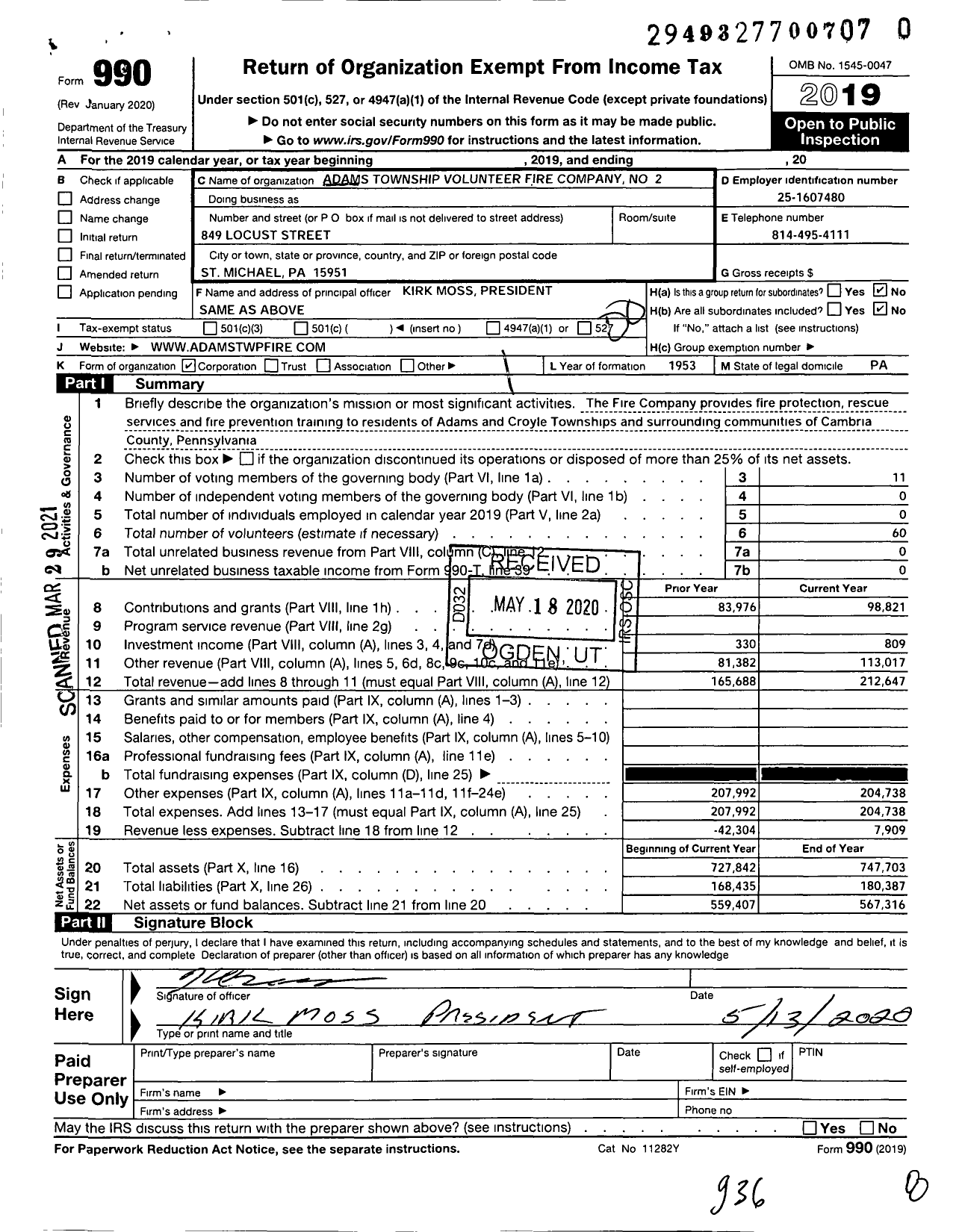 Image of first page of 2019 Form 990O for St Michael Volunteer Fire Company