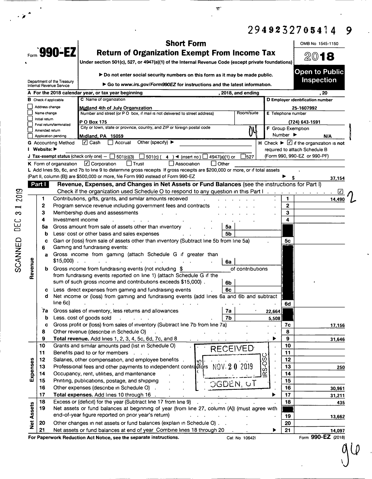 Image of first page of 2018 Form 990EO for Midland 4th of July Organization