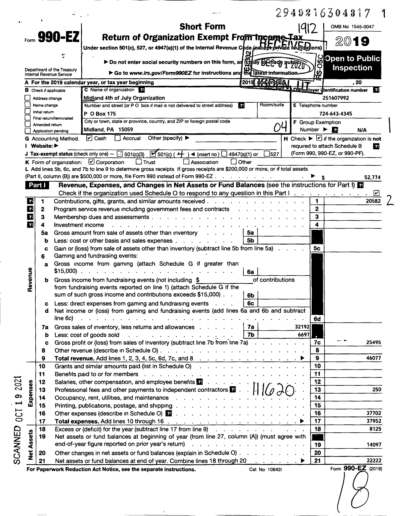 Image of first page of 2019 Form 990EO for Midland 4th of July Organization