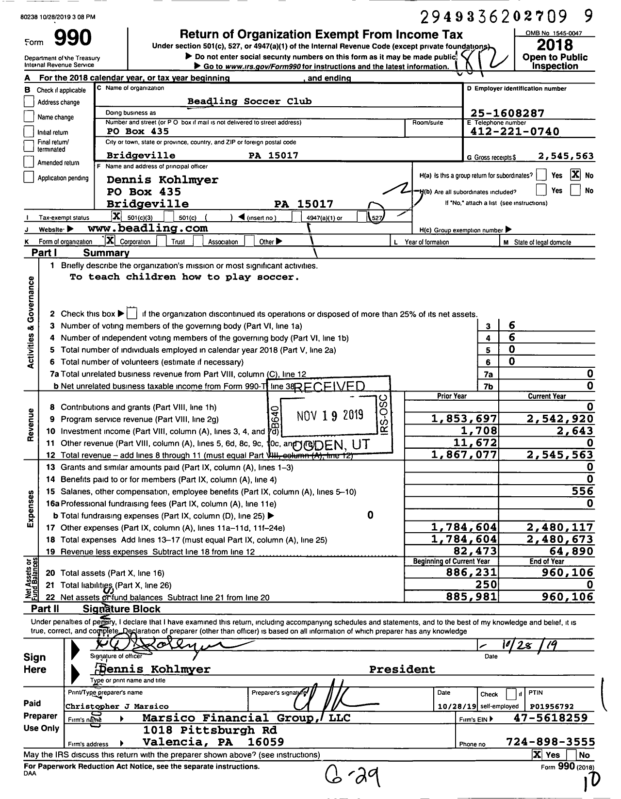 Image of first page of 2018 Form 990 for Beadling Soccer Club