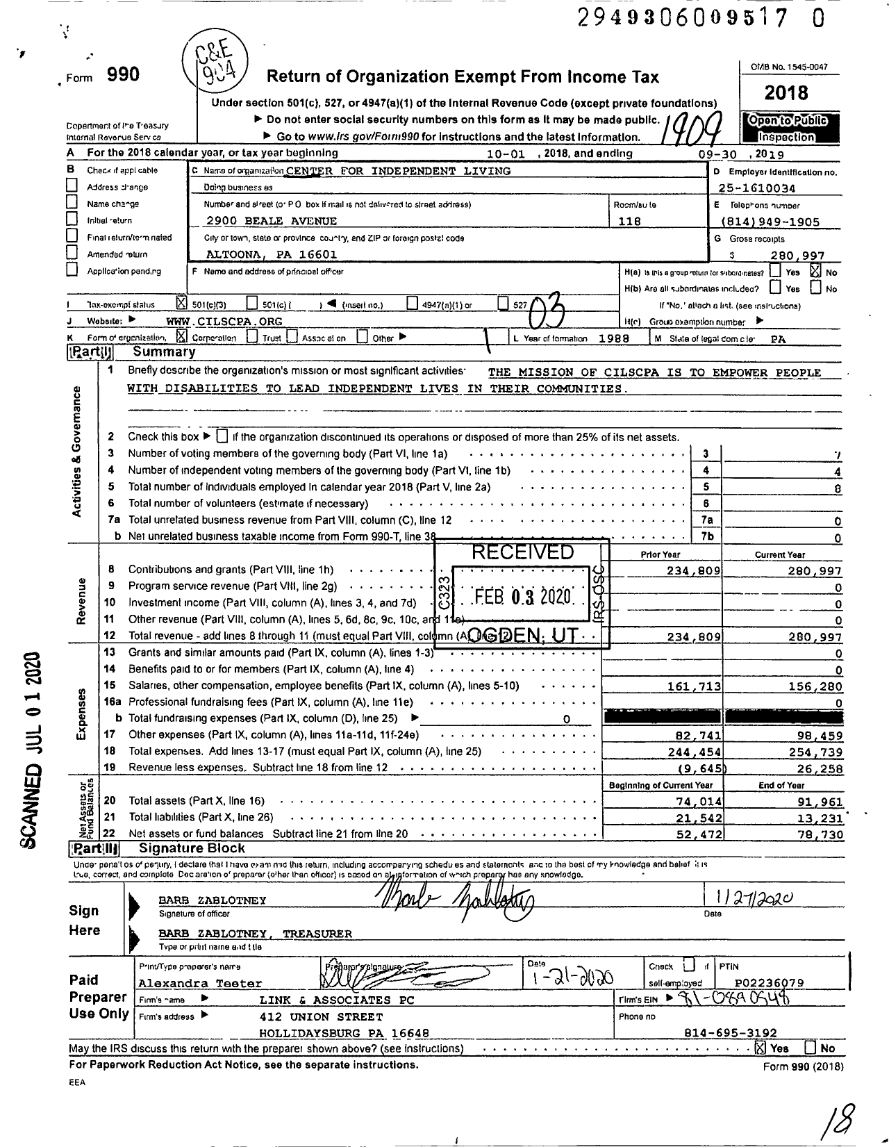 Image of first page of 2018 Form 990 for Center for Independent Living