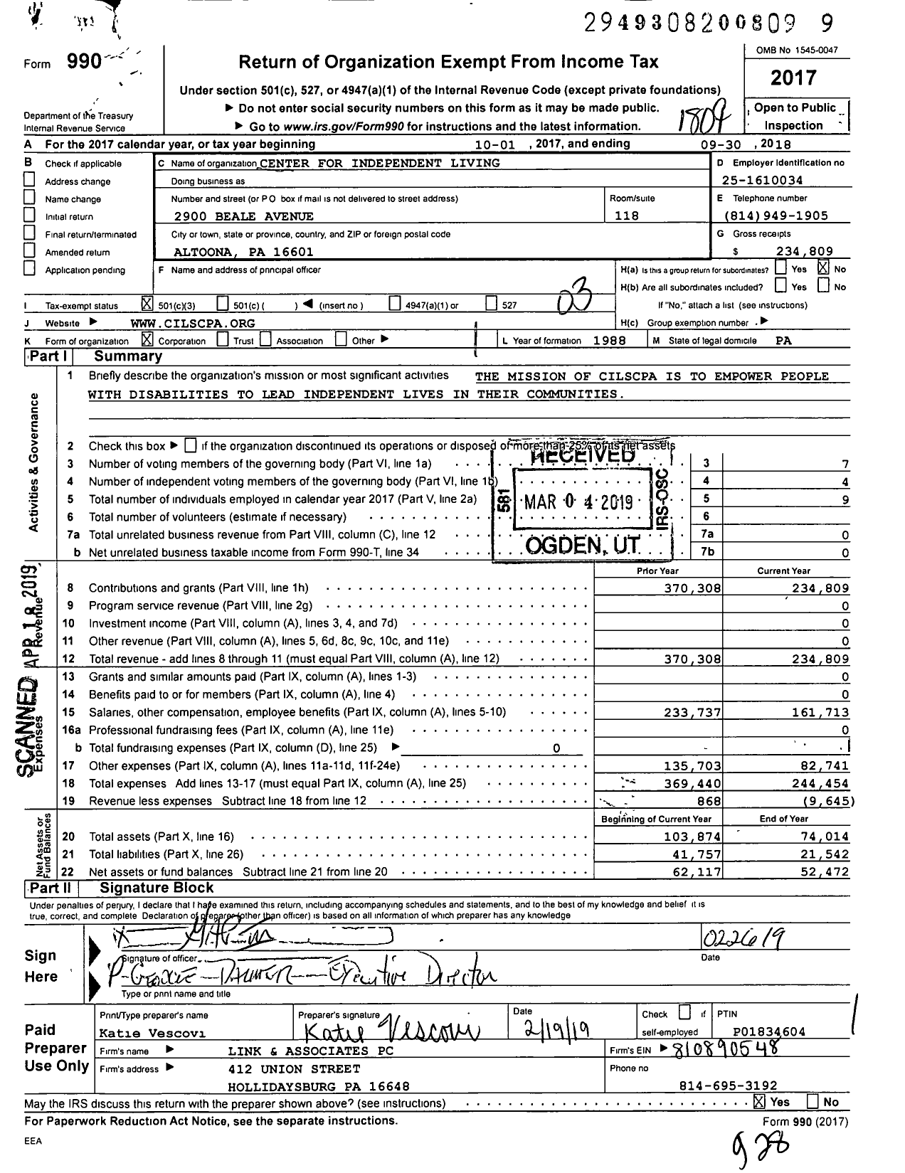 Image of first page of 2017 Form 990 for Center for Independent Living