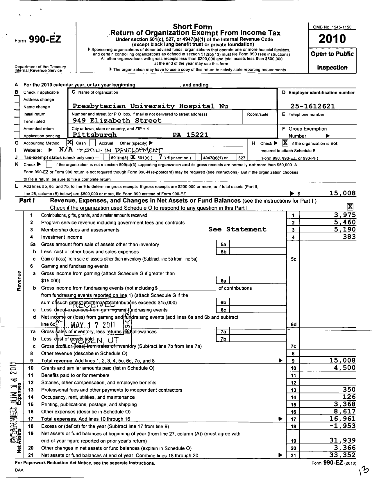 Image of first page of 2010 Form 990EO for Presbyterian Hospital Nurses Alumnae Association