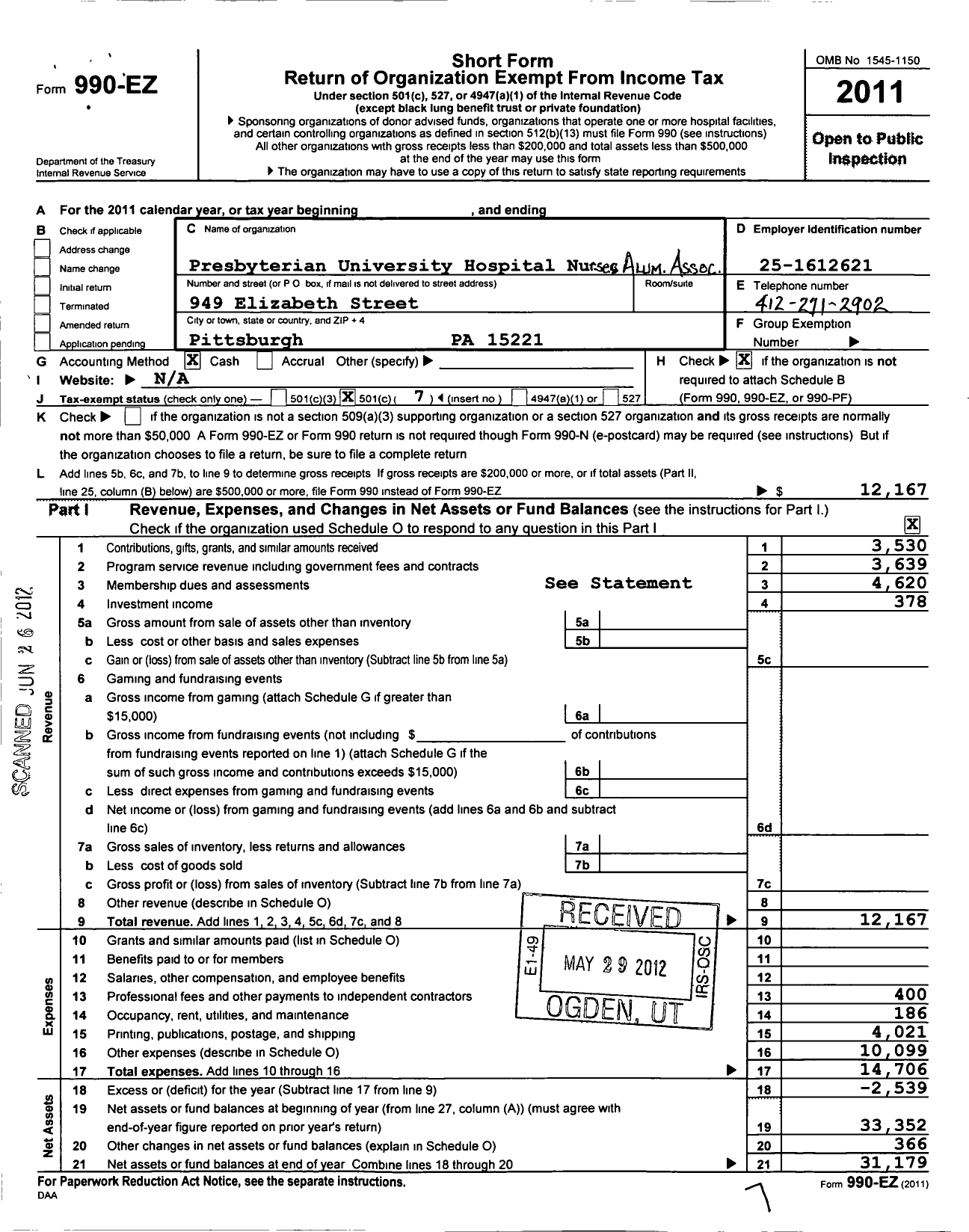 Image of first page of 2011 Form 990EO for Presbyterian Hospital Nurses Alumnae Association