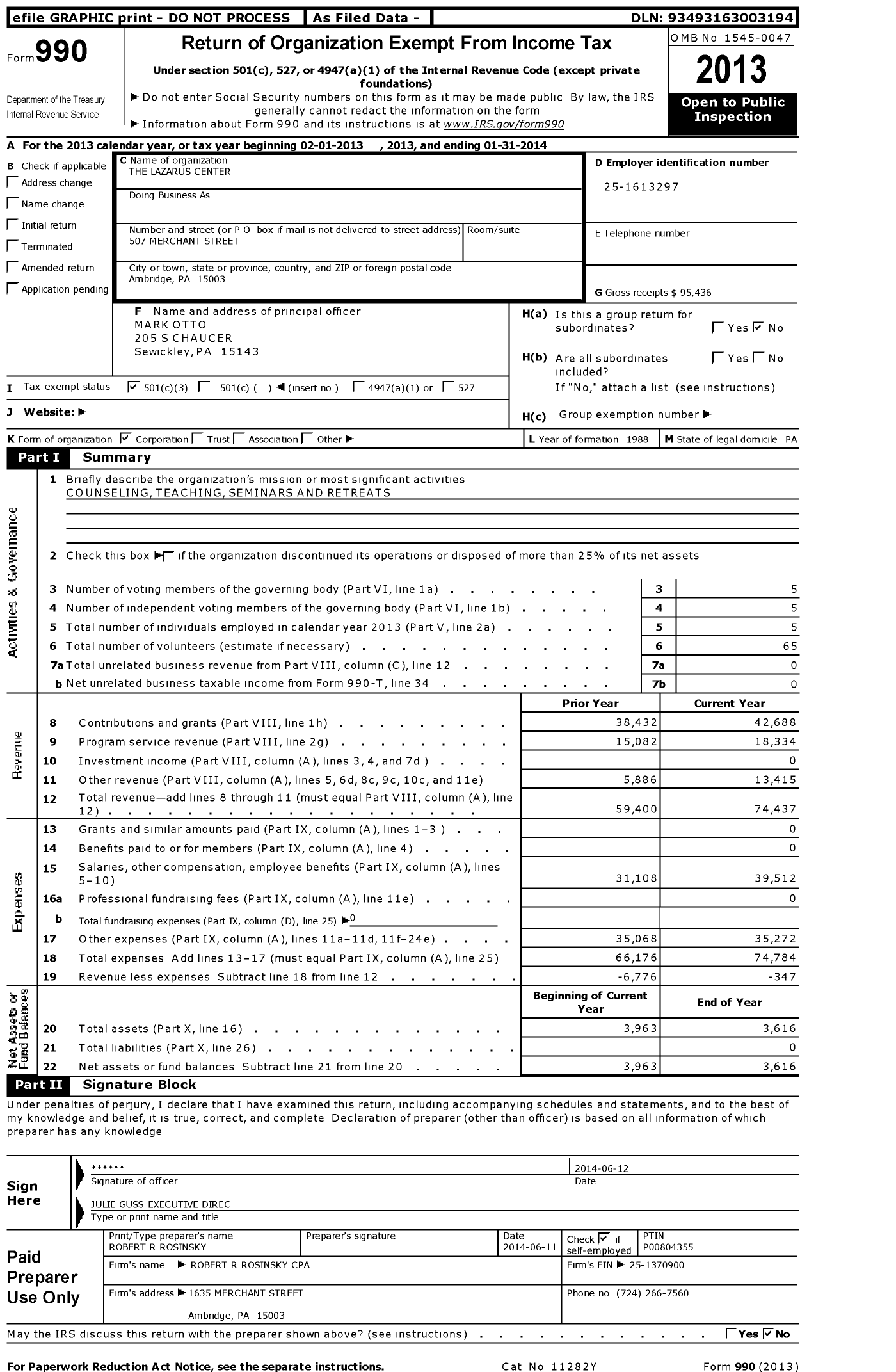 Image of first page of 2013 Form 990 for Lazarus Center