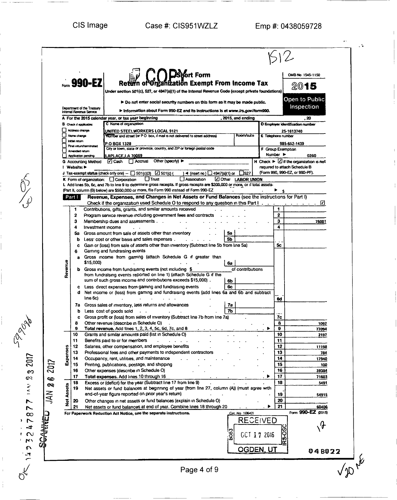 Image of first page of 2015 Form 990EO for United Steelworkers - 9121 Local