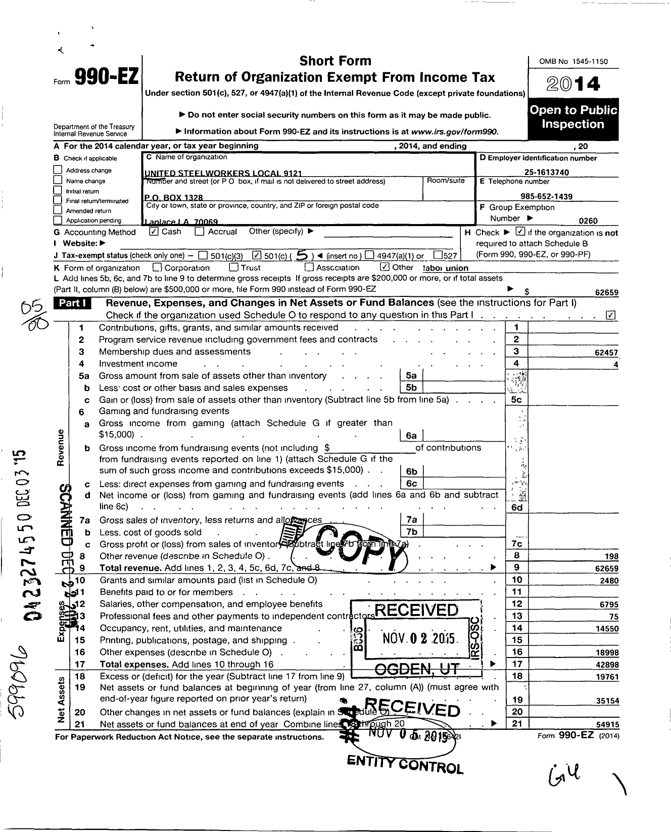 Image of first page of 2014 Form 990EO for United Steelworkers - 9121 Local