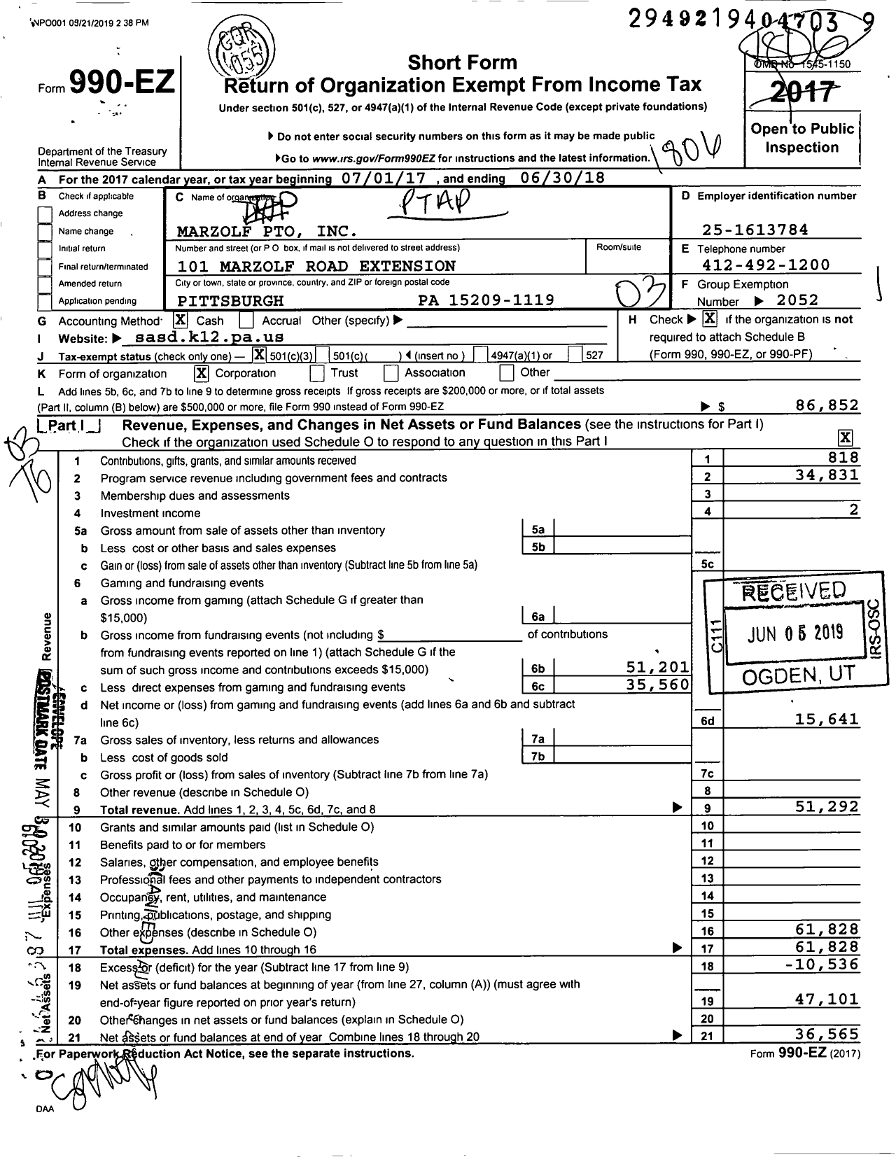 Image of first page of 2017 Form 990EZ for Marzolf Pto 101 Marzolf Road Extension