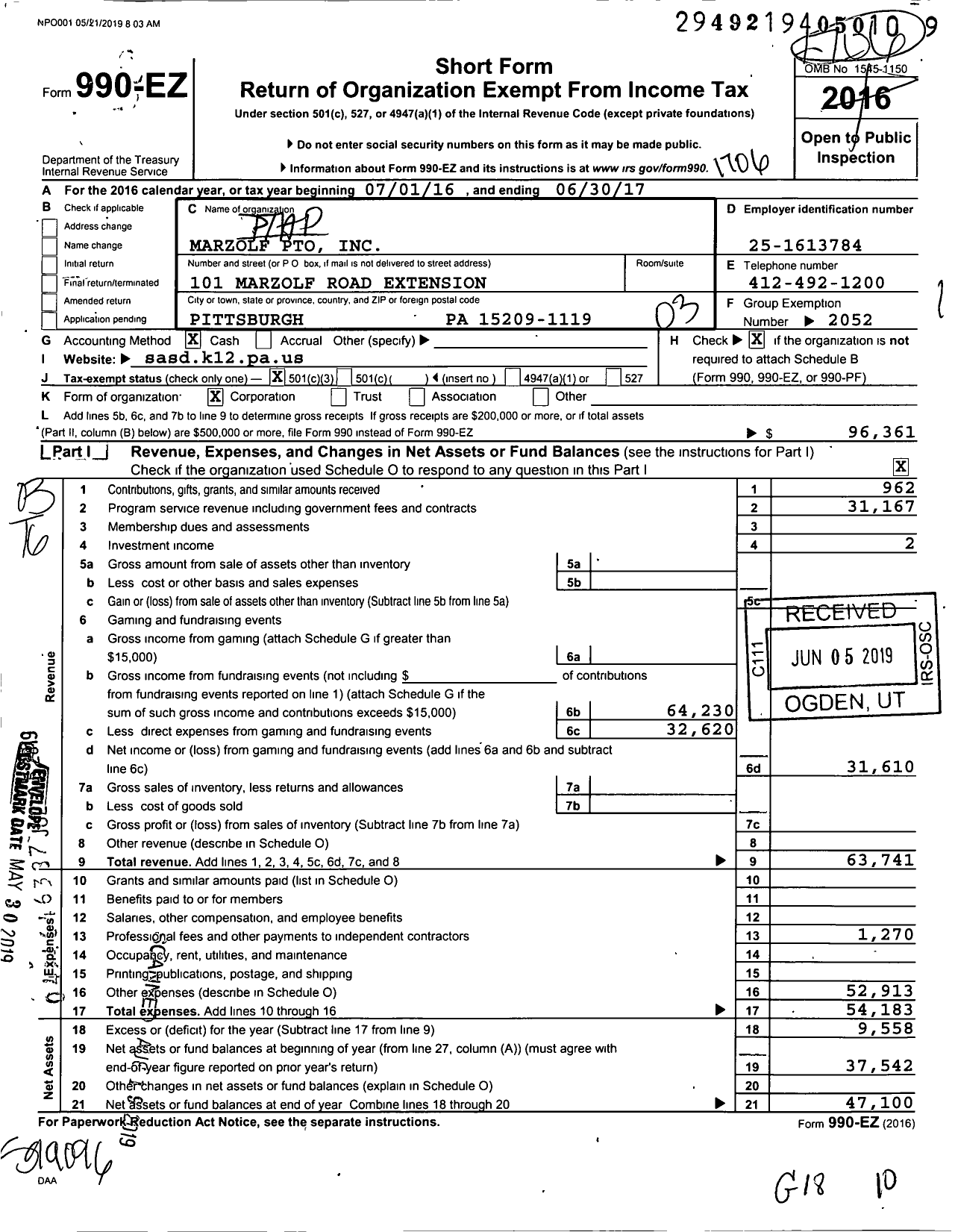 Image of first page of 2016 Form 990EZ for Marzolf Pto 101 Marzolf Road Extension