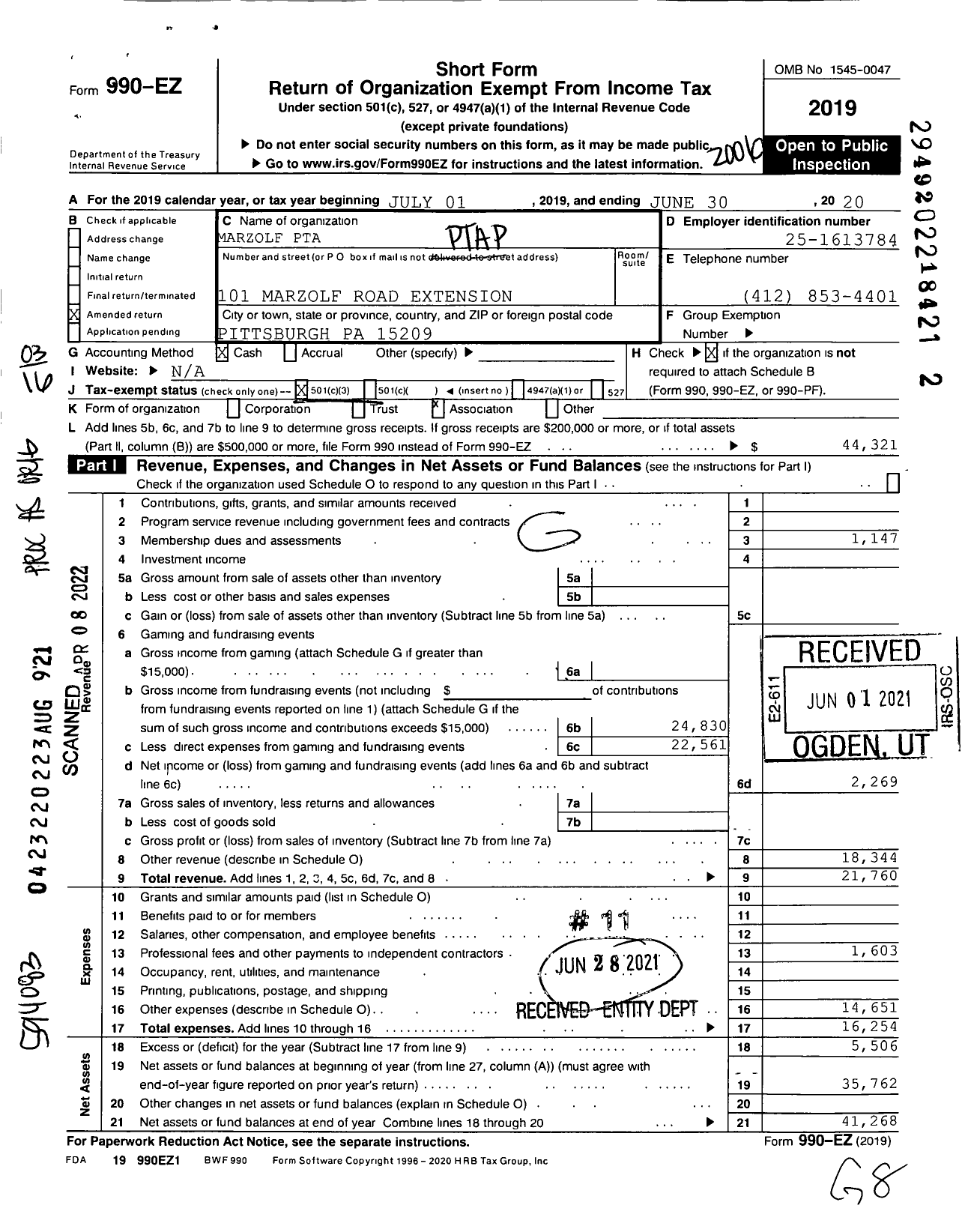 Image of first page of 2019 Form 990EZ for Marzolf Pto 101 Marzolf Road Extension