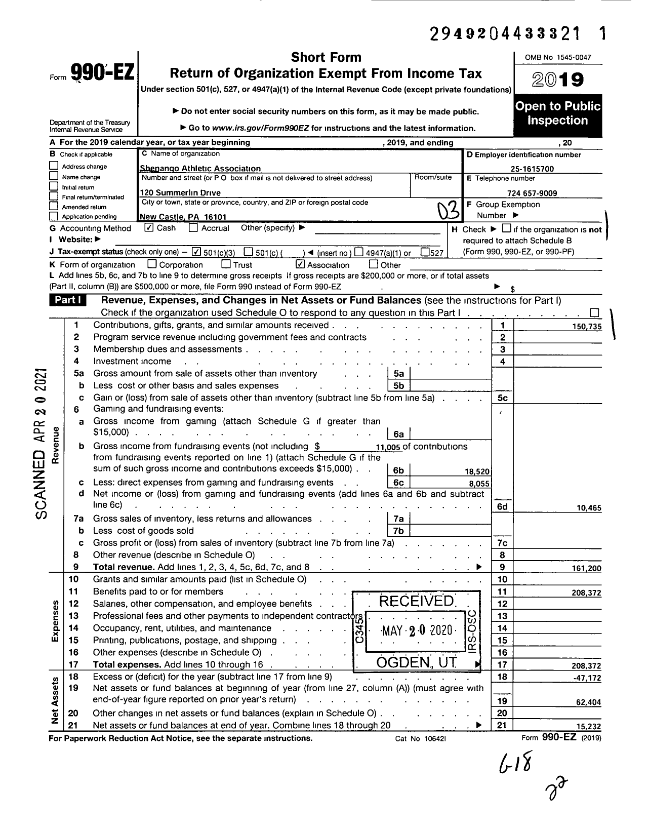 Image of first page of 2019 Form 990EZ for Shenango Athletic Association