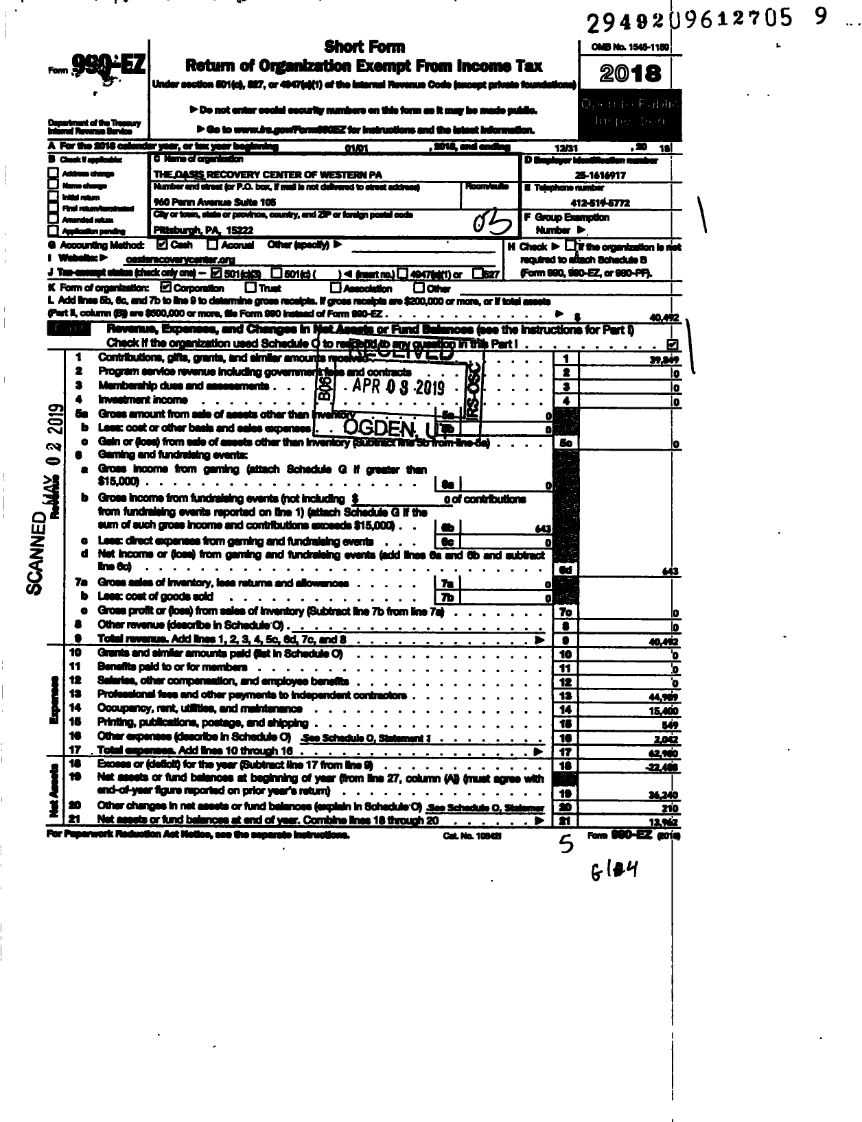 Image of first page of 2018 Form 990EZ for The Oasis Recovery Center of Western Pa