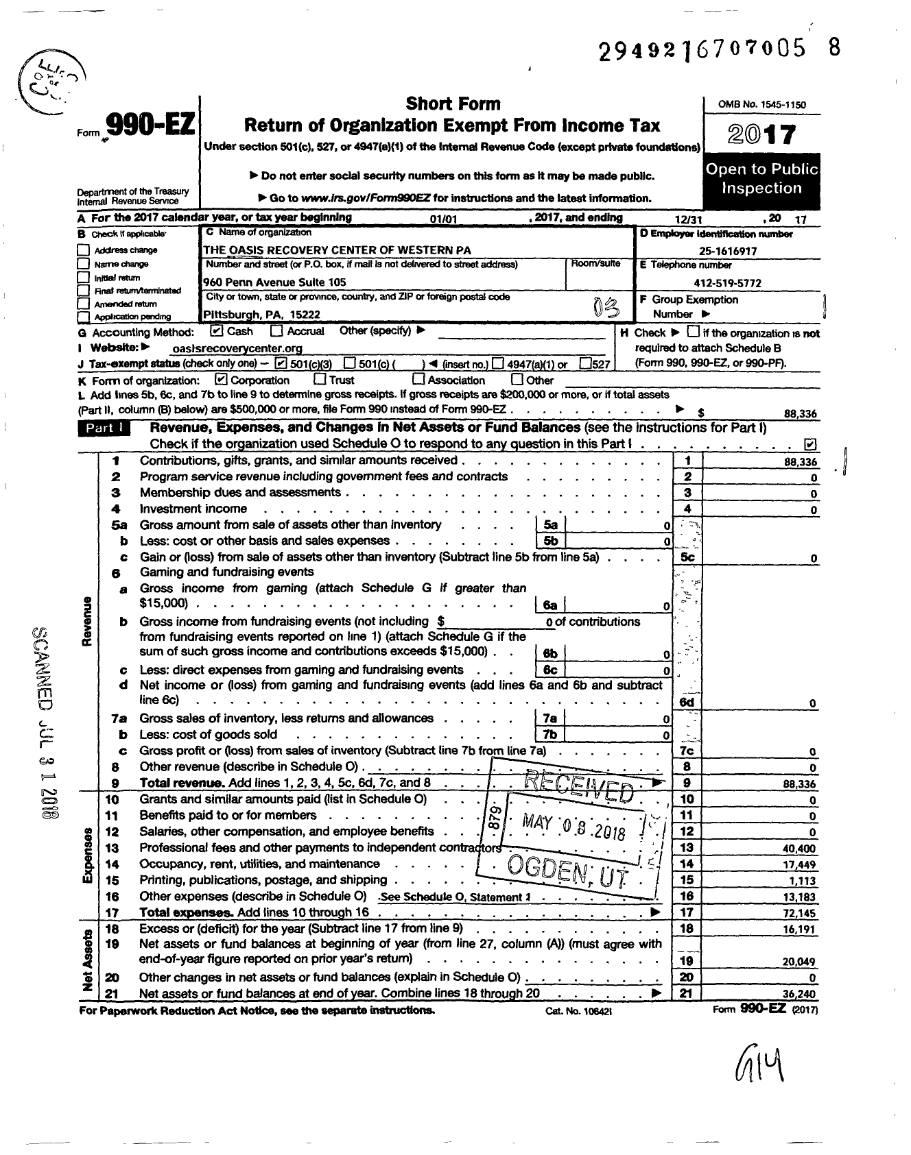 Image of first page of 2017 Form 990EZ for The Oasis Recovery Center of Western Pa