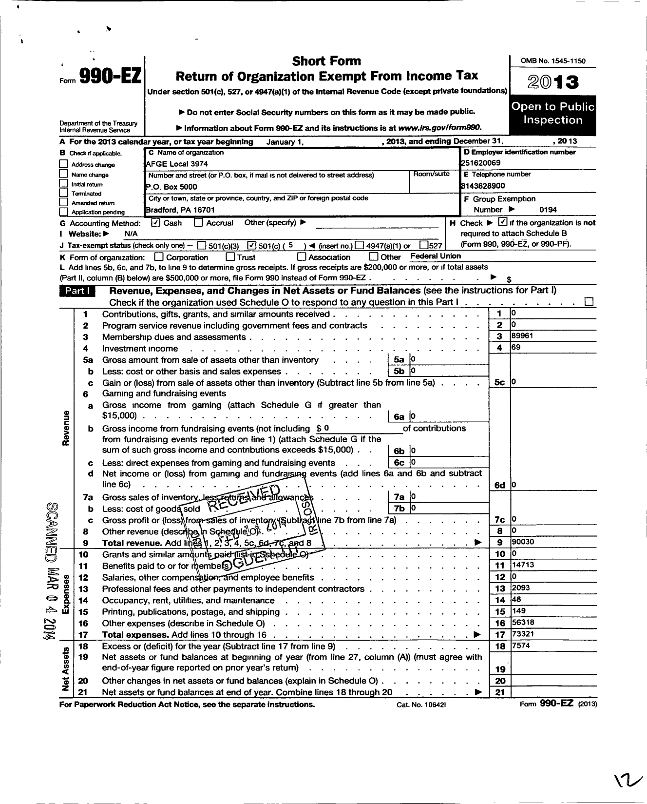 Image of first page of 2013 Form 990EO for American Federation of Government Employees - 3974 Afge-Bop Local