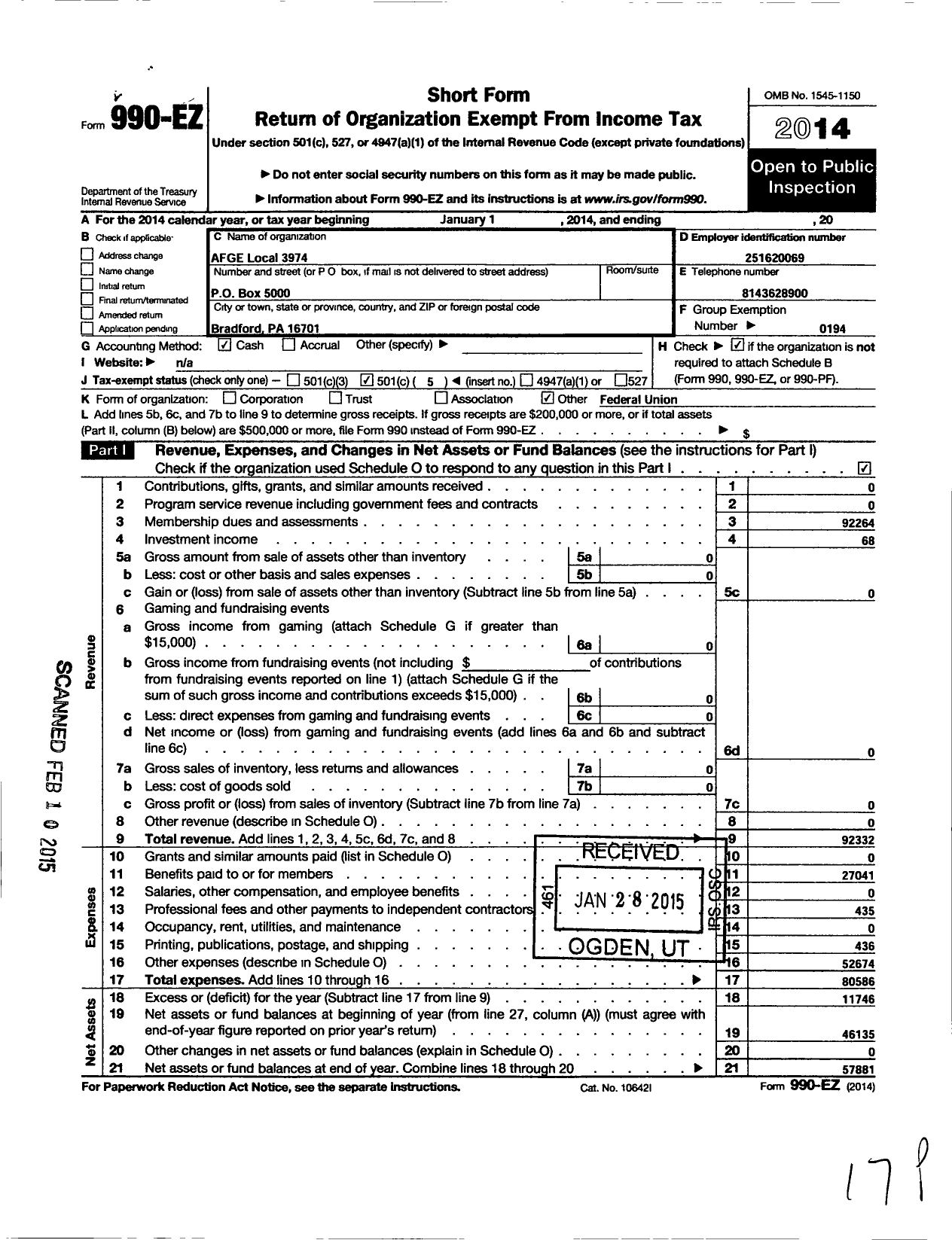 Image of first page of 2014 Form 990EO for American Federation of Government Employees - 3974 Afge-Bop Local