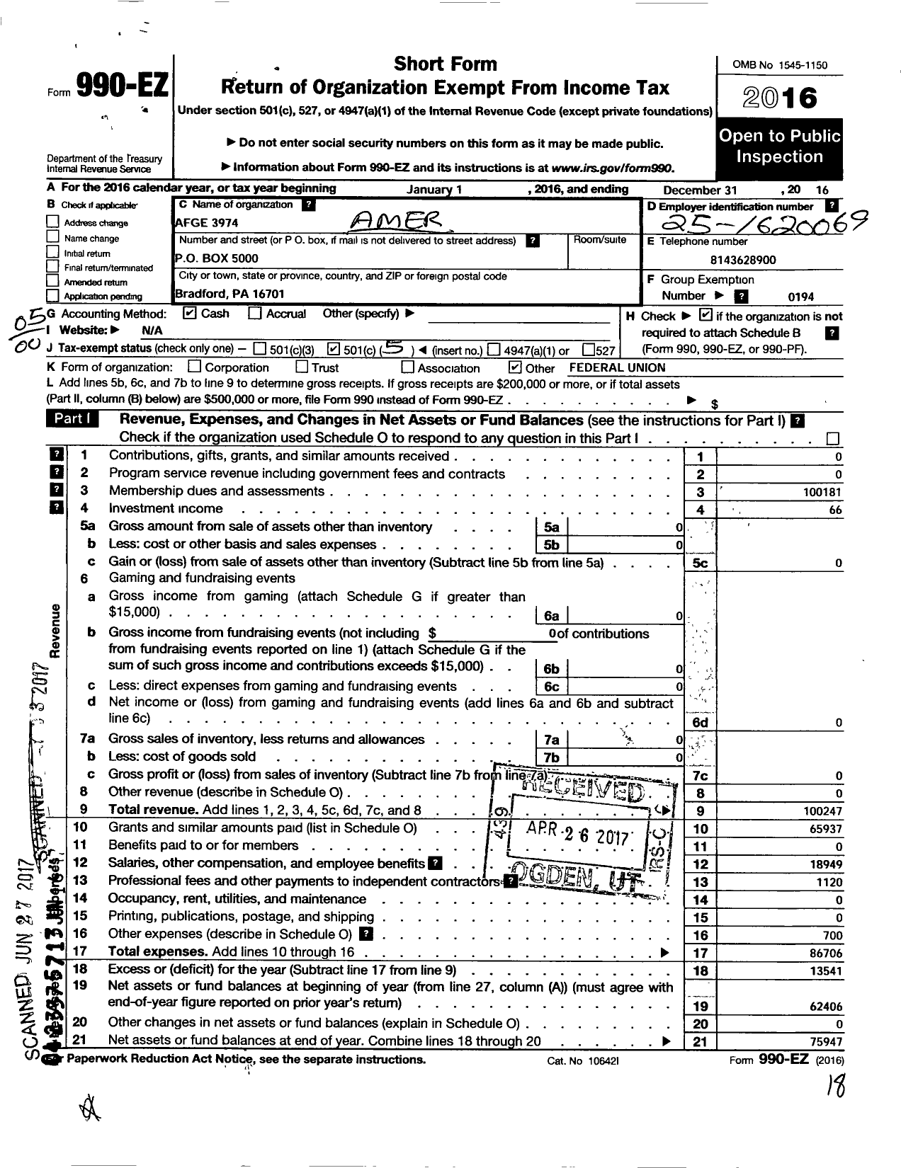 Image of first page of 2016 Form 990EO for American Federation of Government Employees - 3974 Afge-Bop Local