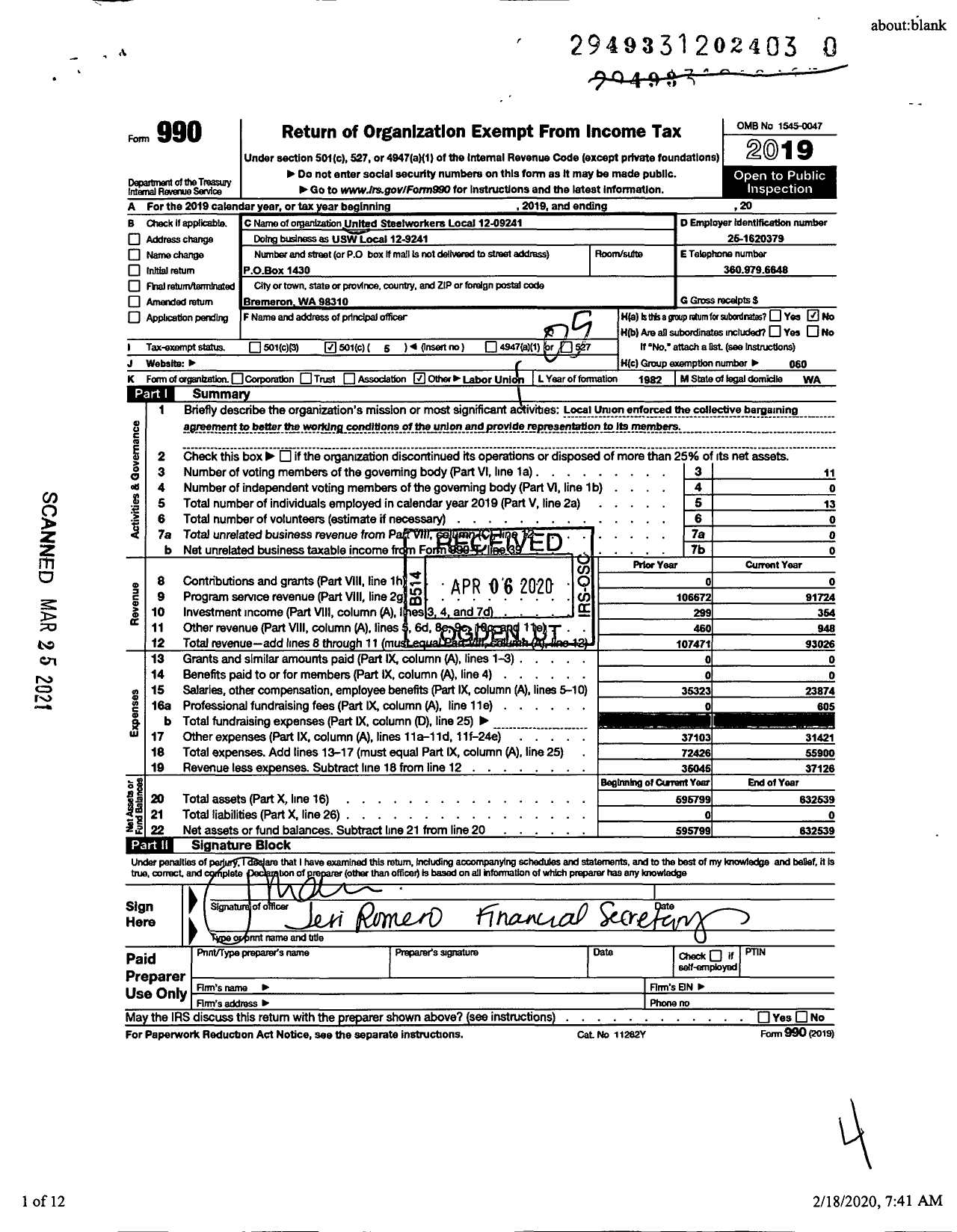 Image of first page of 2019 Form 990O for United Steelworkers - USW Local 12-09241