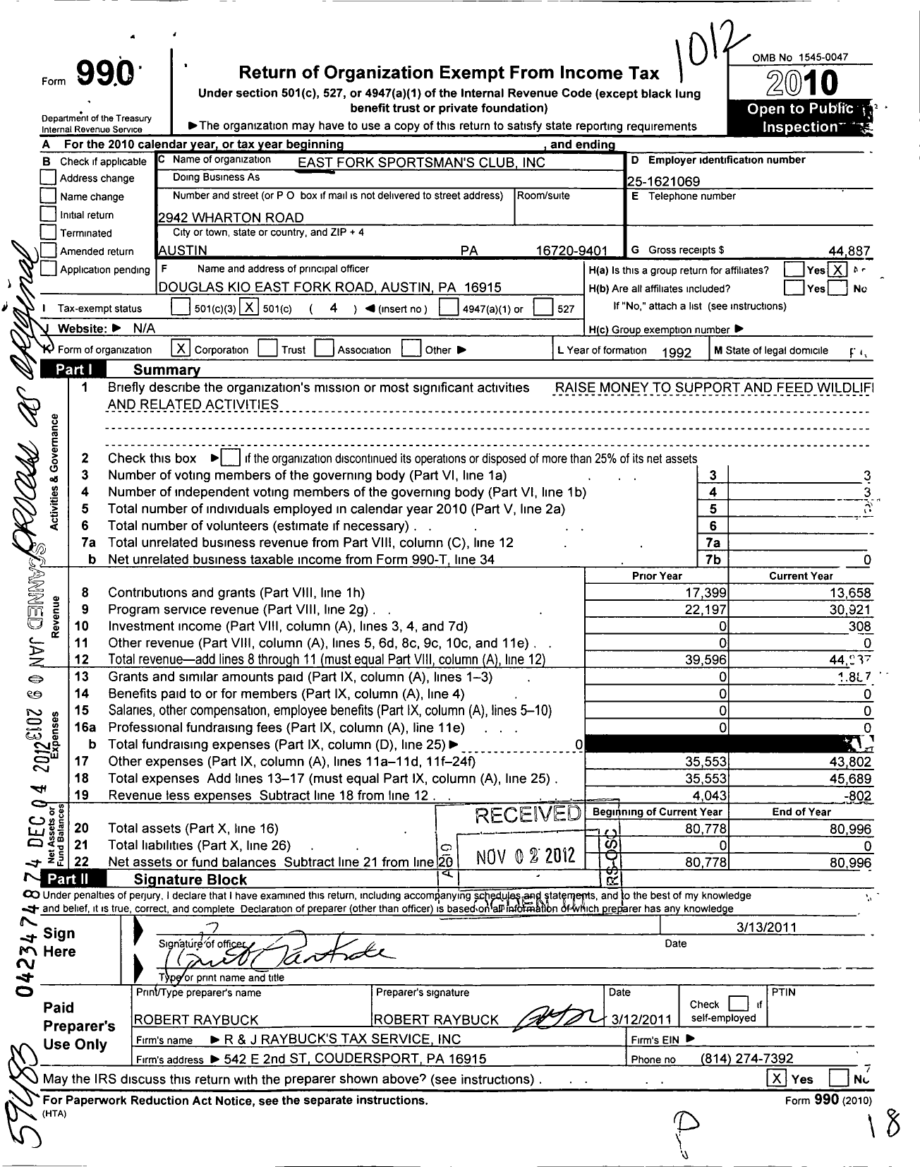 Image of first page of 2010 Form 990O for East Fork Sportsmen S Club