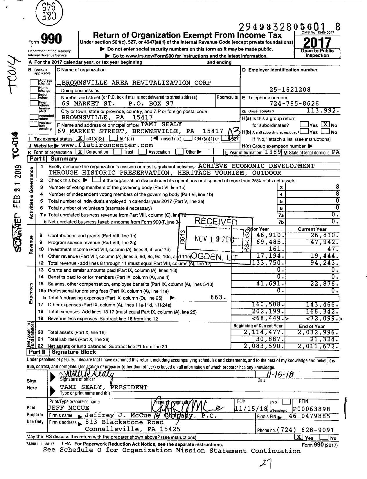 Image of first page of 2017 Form 990 for Brownsville Area Revitalization Corporation