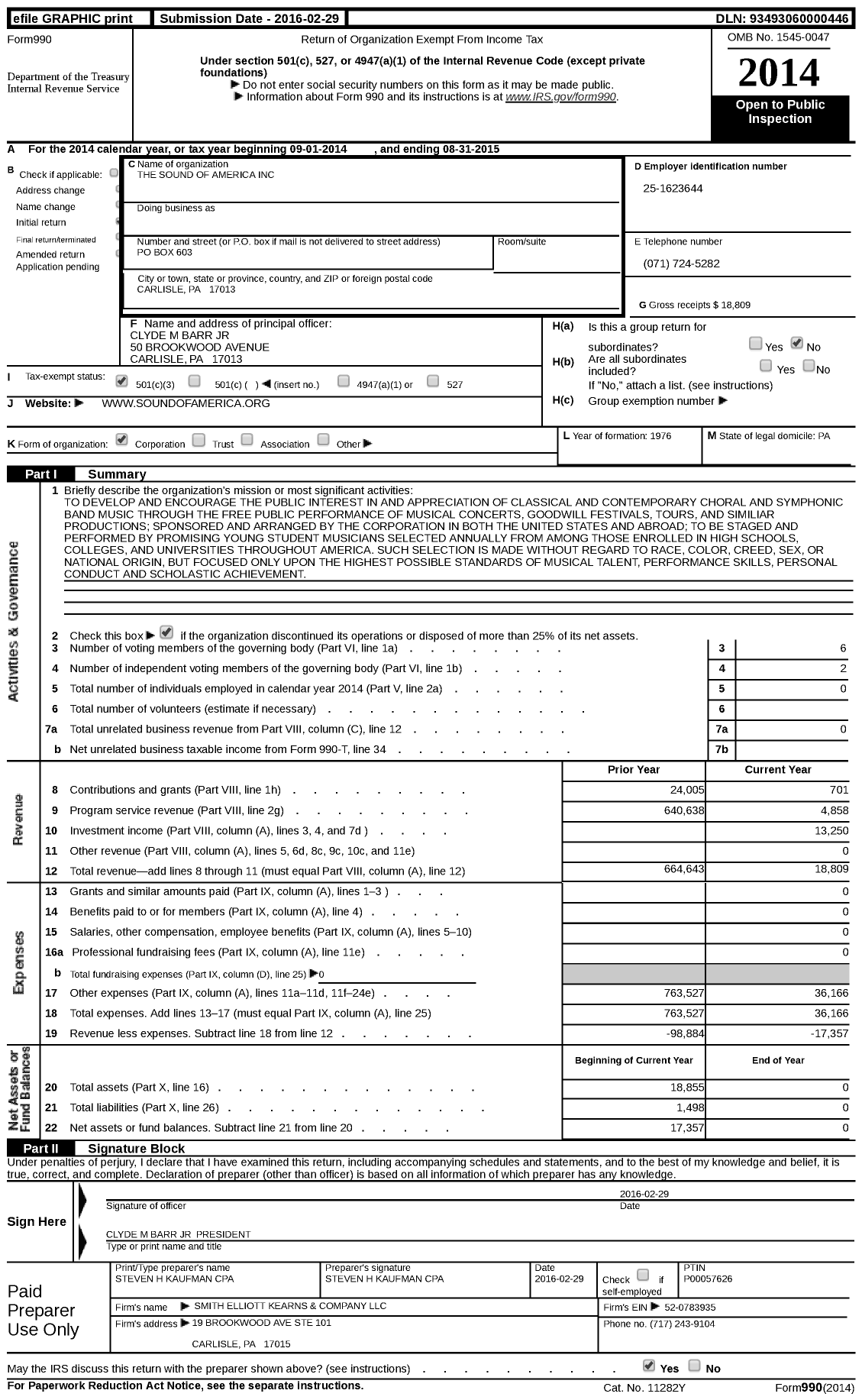 Image of first page of 2014 Form 990 for The Sound of America