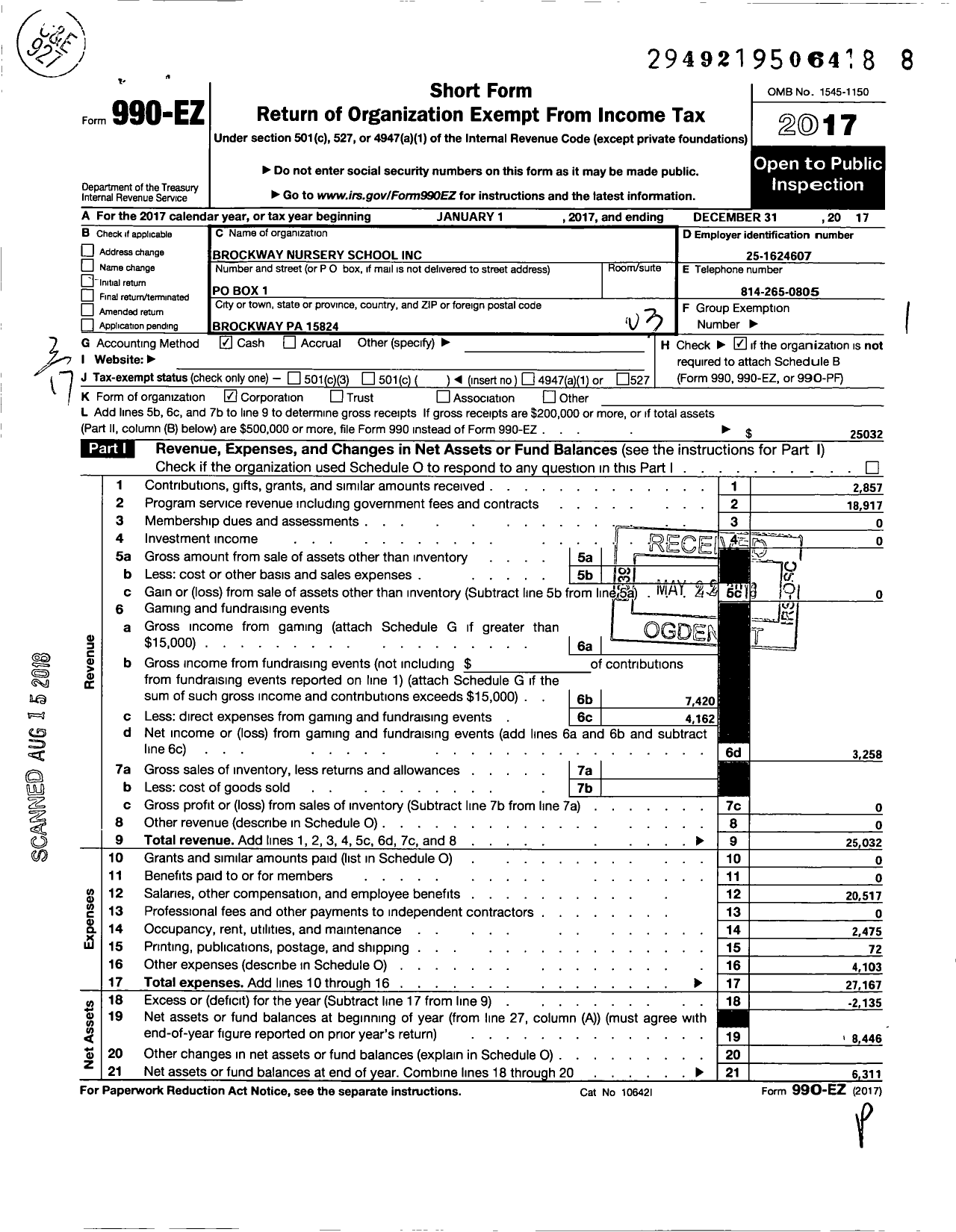 Image of first page of 2017 Form 990EZ for Brockway Nursery School