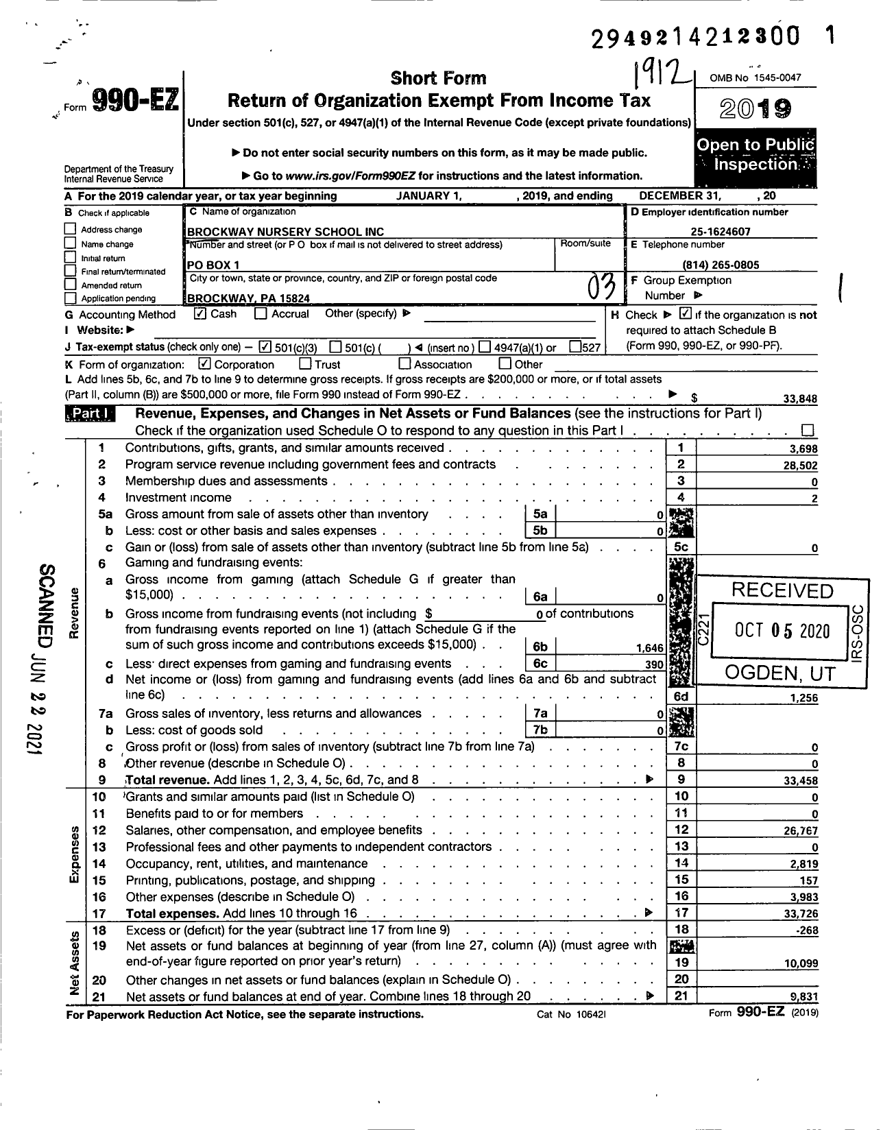 Image of first page of 2019 Form 990EZ for Brockway Nursery School