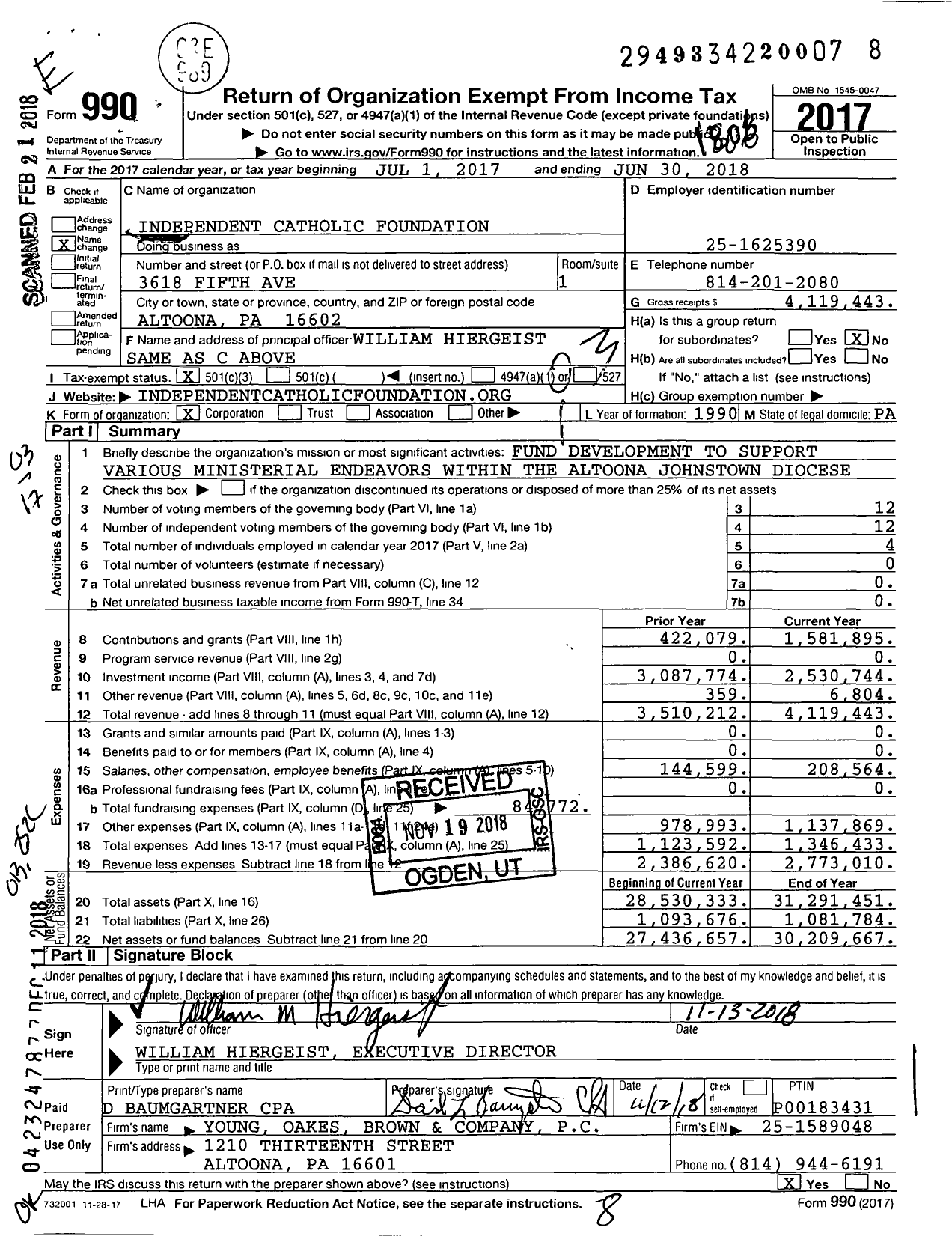 Image of first page of 2017 Form 990 for Independent Catholic Foundation