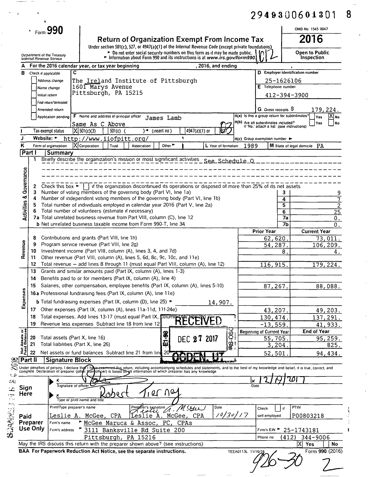 Image of first page of 2016 Form 990 for The Ireland Institute of Pittsburgh