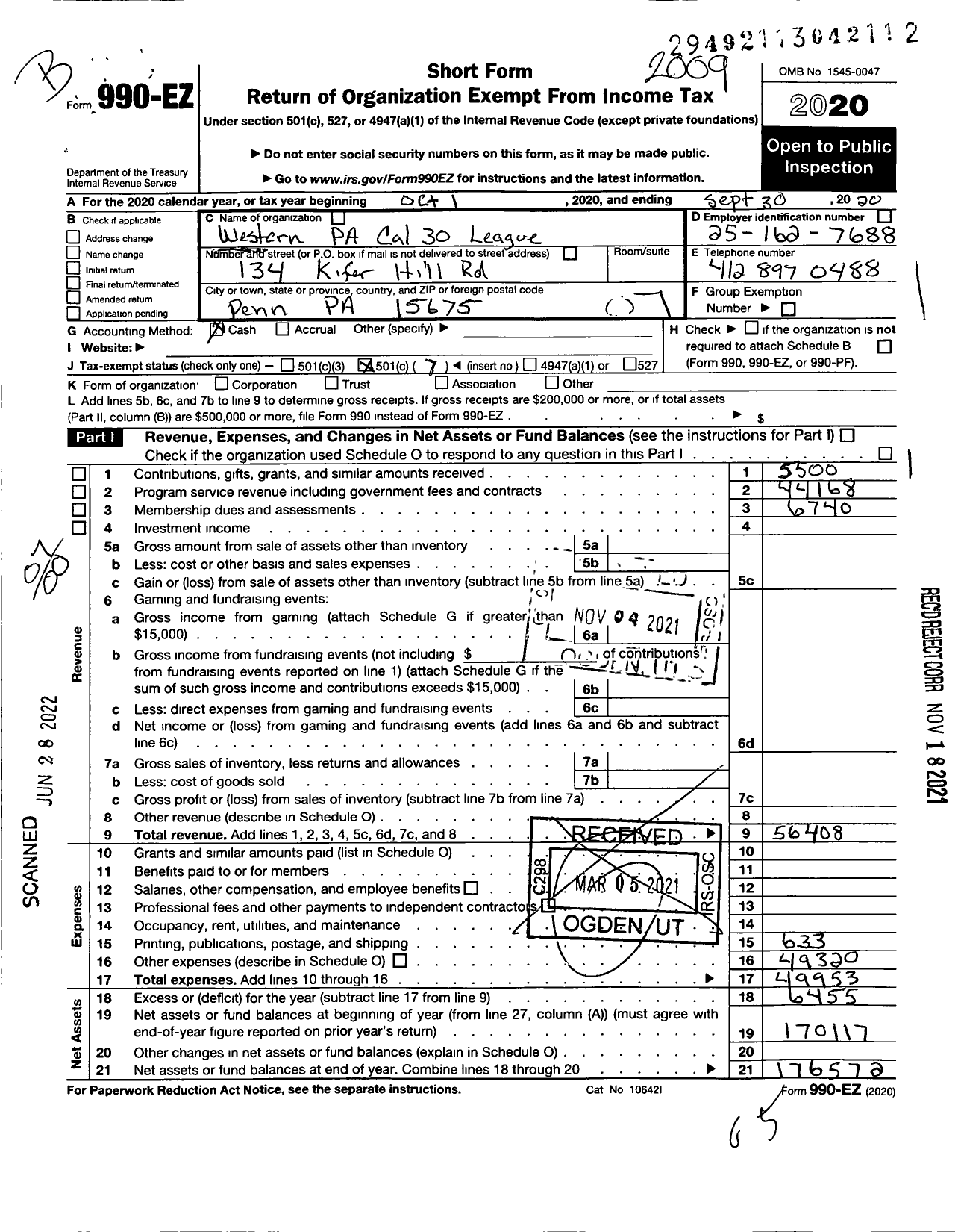 Image of first page of 2019 Form 990EO for Western Pa Cal 30 League