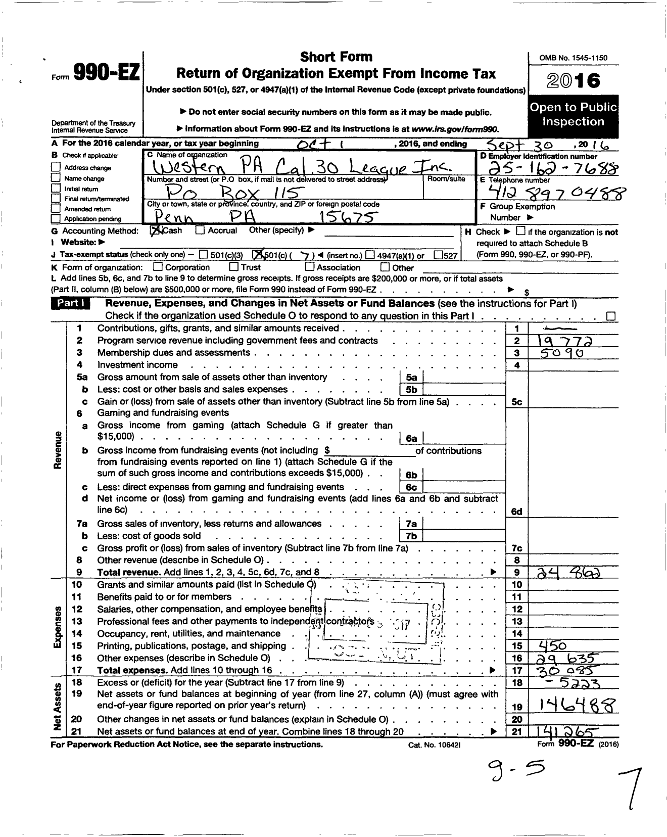 Image of first page of 2015 Form 990EO for Western Pa Cal 30 League