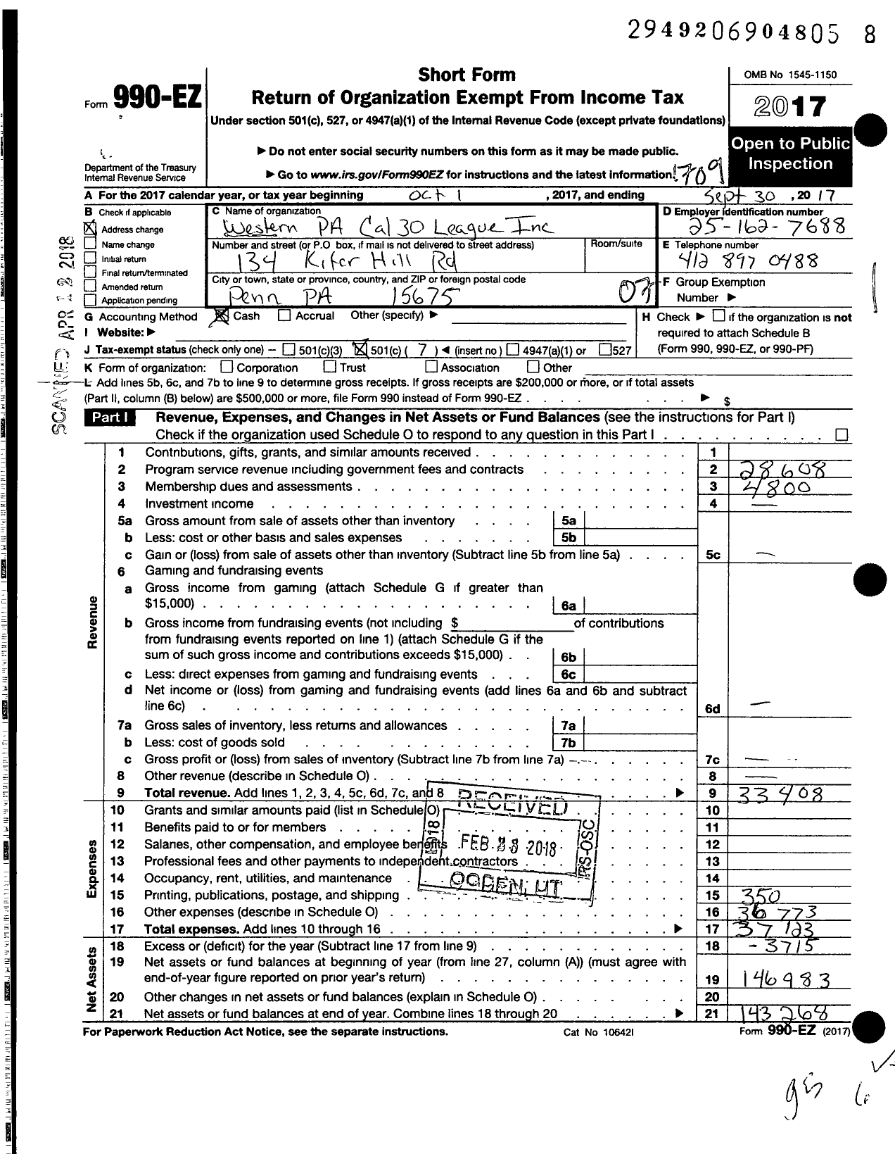 Image of first page of 2016 Form 990EO for Western Pa Cal 30 League