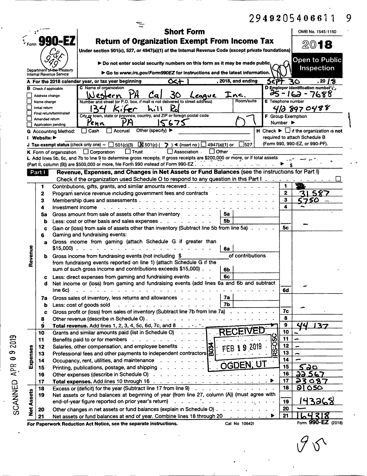 Image of first page of 2017 Form 990EO for Western Pa Cal 30 League