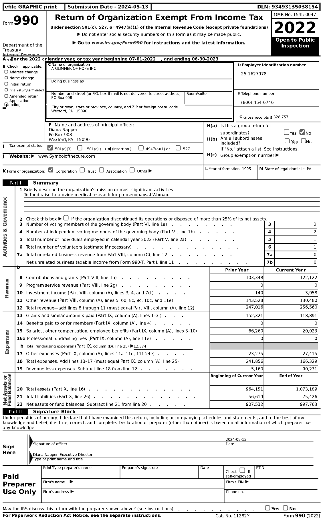 Image of first page of 2022 Form 990 for A Glimmer of Hope