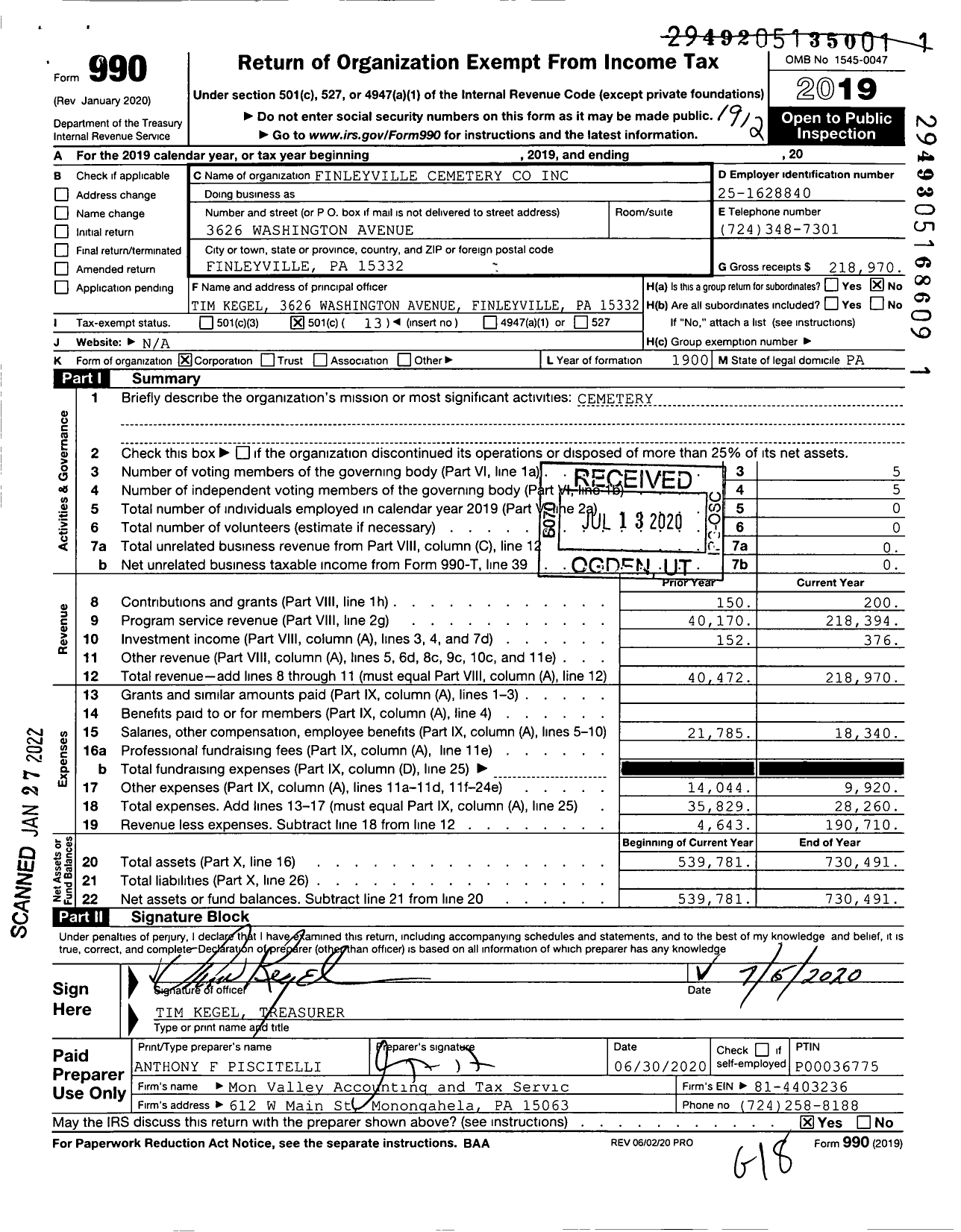 Image of first page of 2019 Form 990O for Finleyville Cemetery