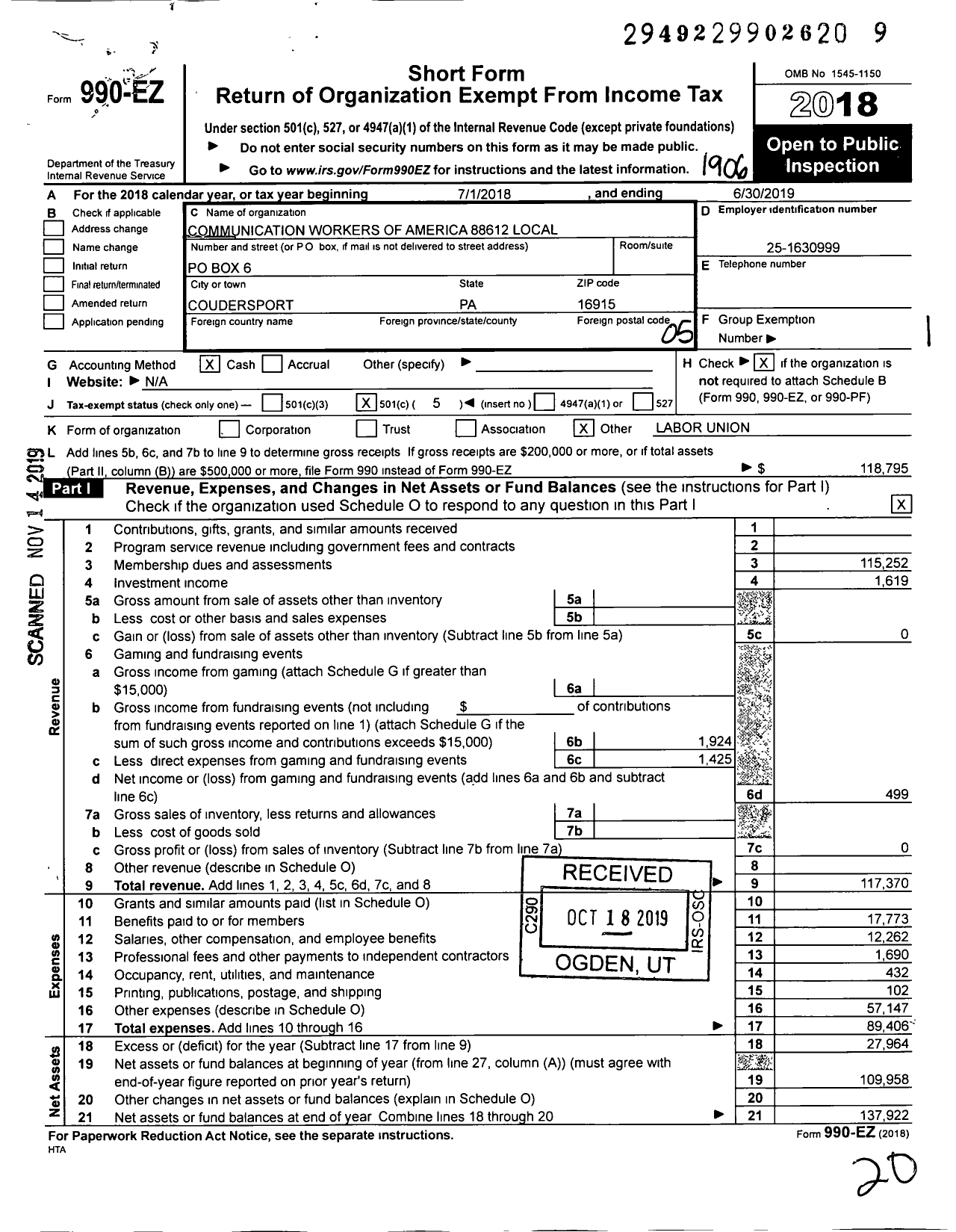 Image of first page of 2018 Form 990EO for Communications Workers of America - 88612 Local