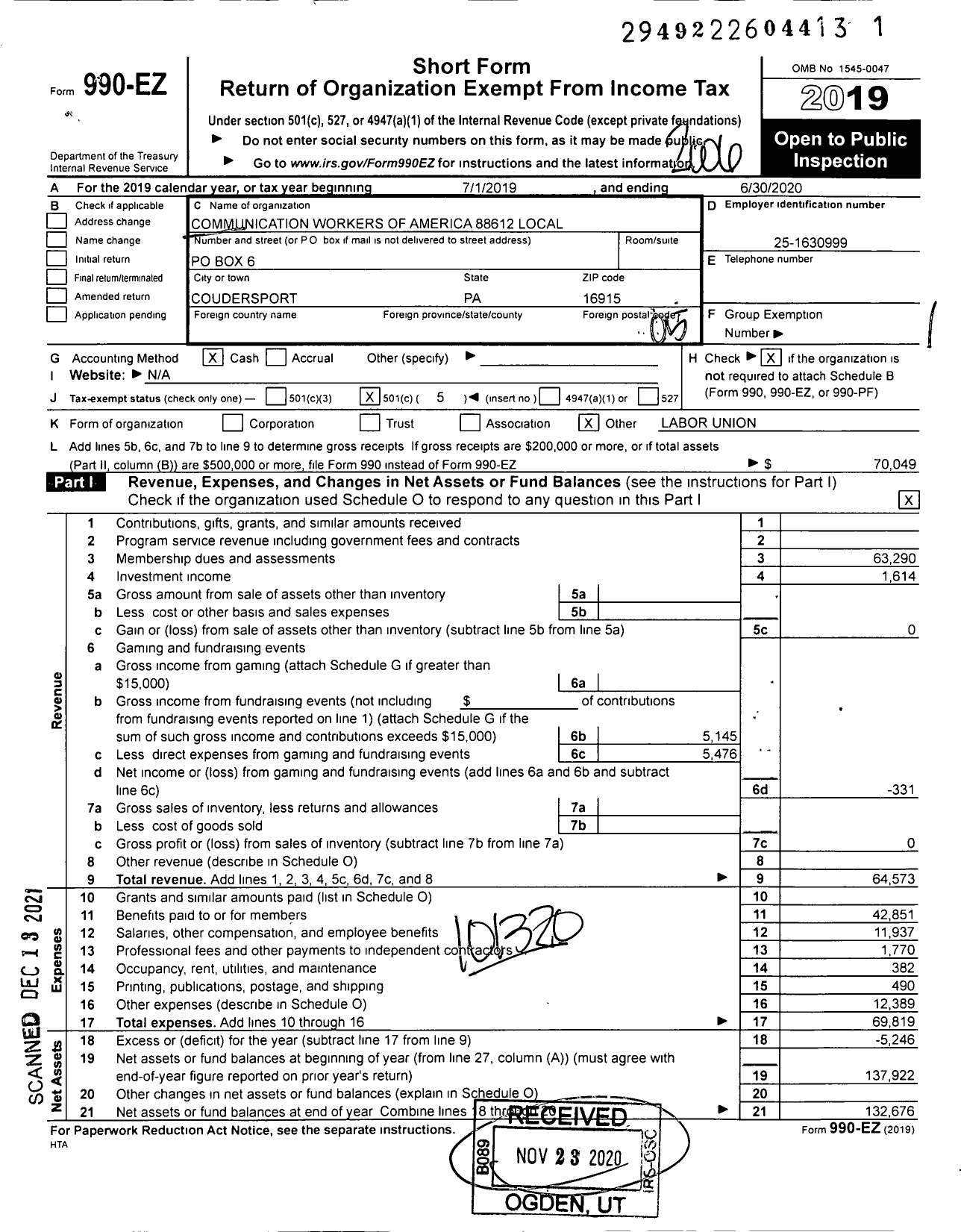 Image of first page of 2019 Form 990EO for Communications Workers of America - 88612 Local