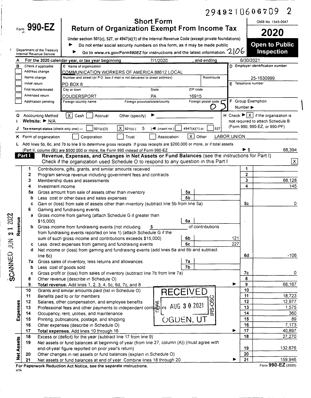 Image of first page of 2020 Form 990EO for Communications Workers of America - 88612 Local