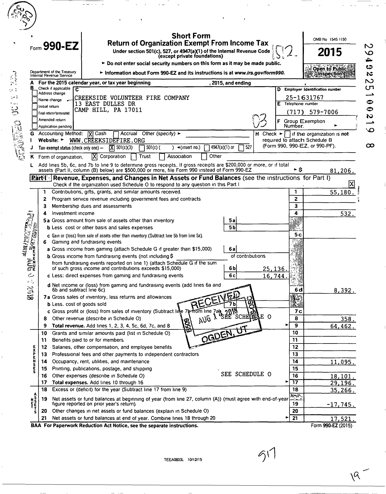 Image of first page of 2015 Form 990EZ for Creekside Volunteer Fire Company