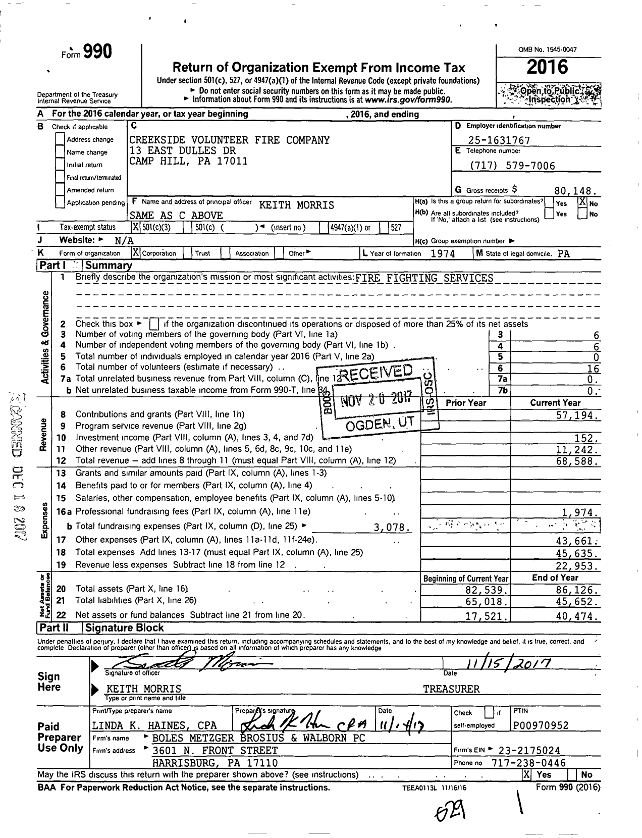 Image of first page of 2016 Form 990 for Creekside Volunteer Fire Company