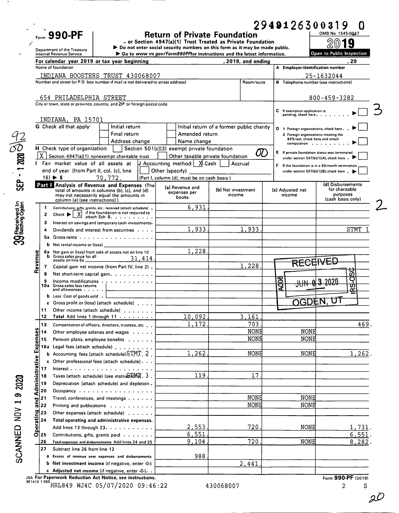 Image of first page of 2019 Form 990PF for Indiana Boosters Trust XXX-XX-XXXX