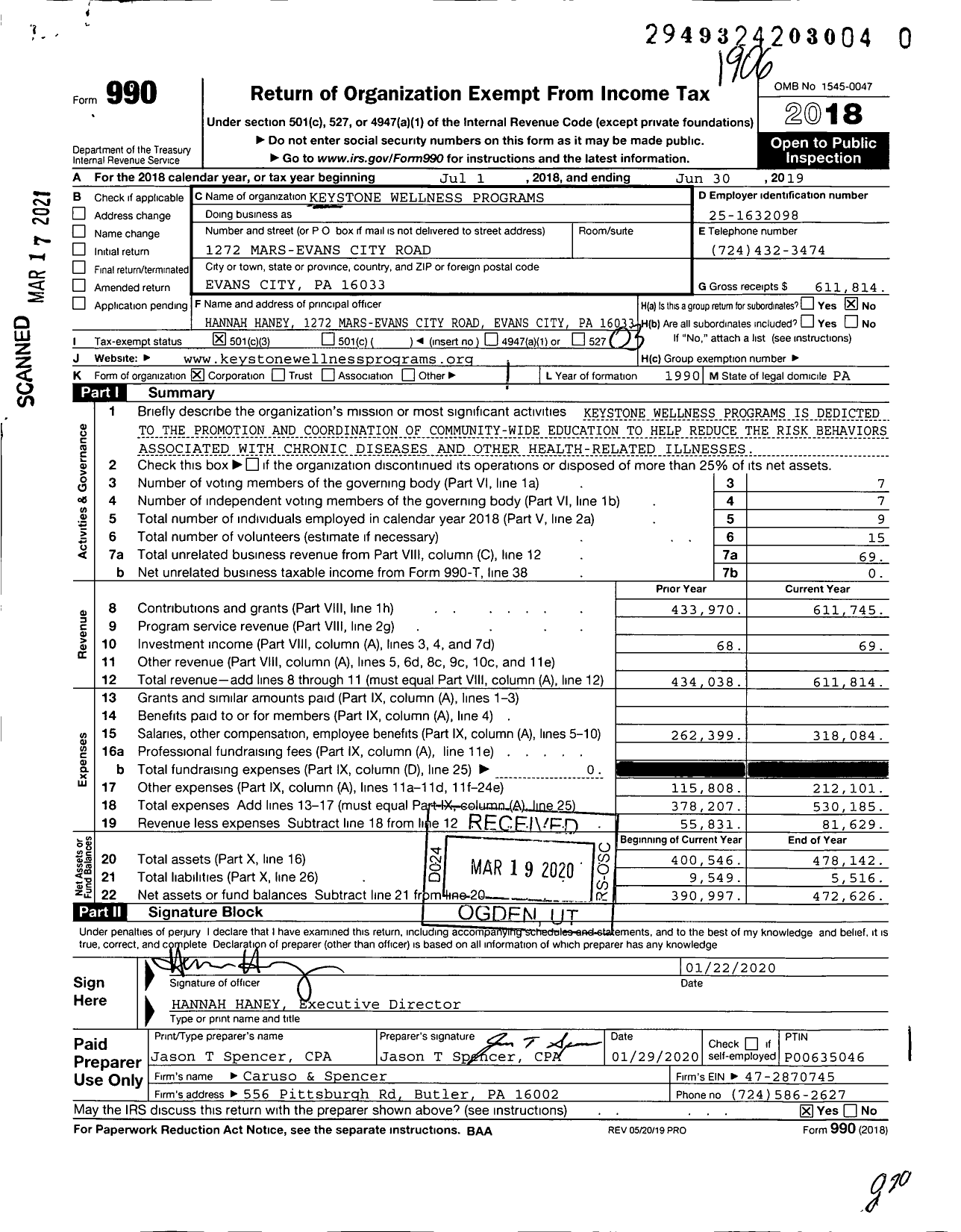 Image of first page of 2018 Form 990 for Keystone Wellness Programs