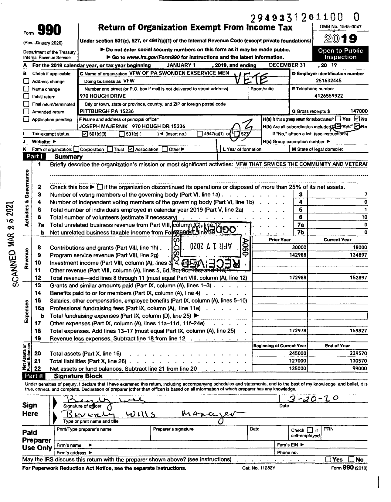 Image of first page of 2019 Form 990 for VFW Department of Pennsylvania - 1940 Snowden TWP Exservicemen Post