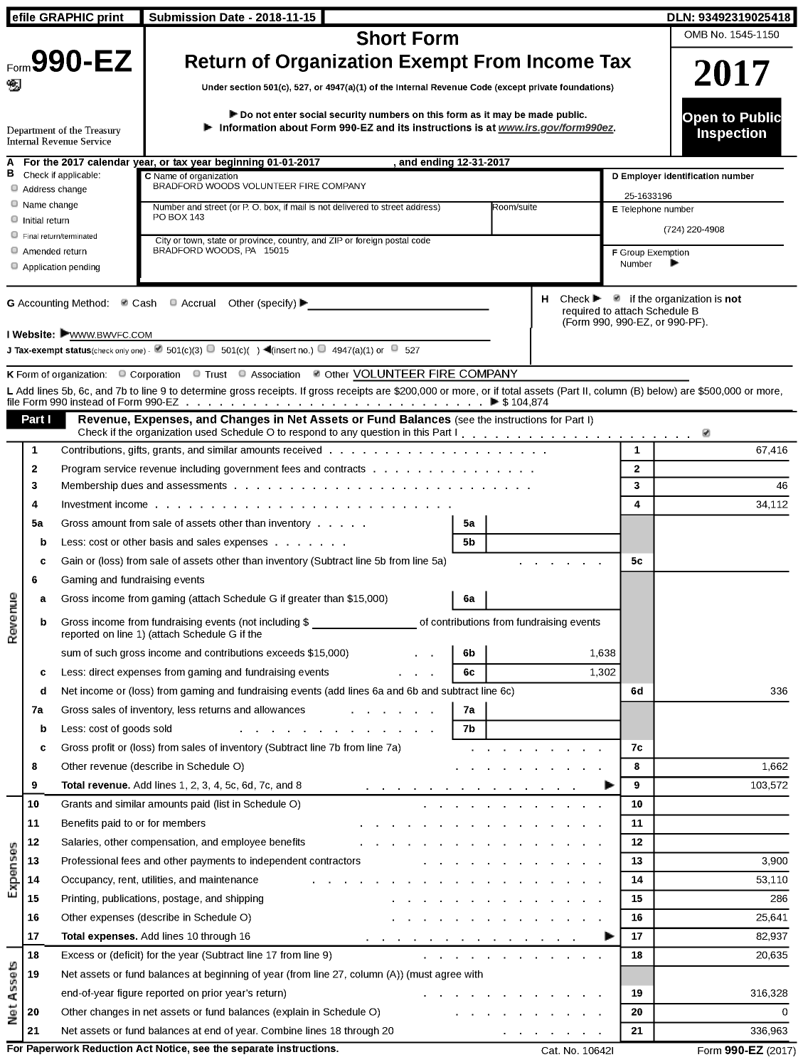 Image of first page of 2017 Form 990EZ for Bradford Woods Volunteer Fire Company