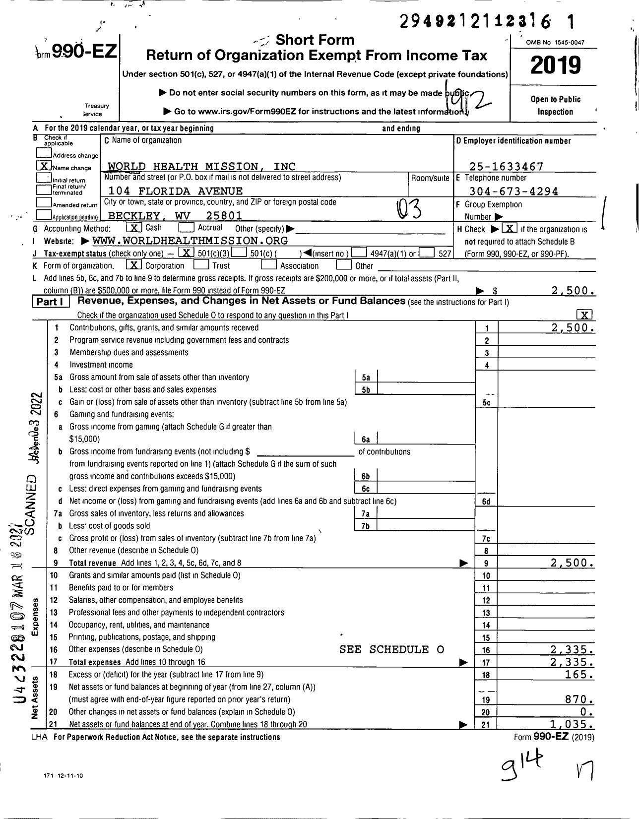 Image of first page of 2019 Form 990EZ for World Health Mission