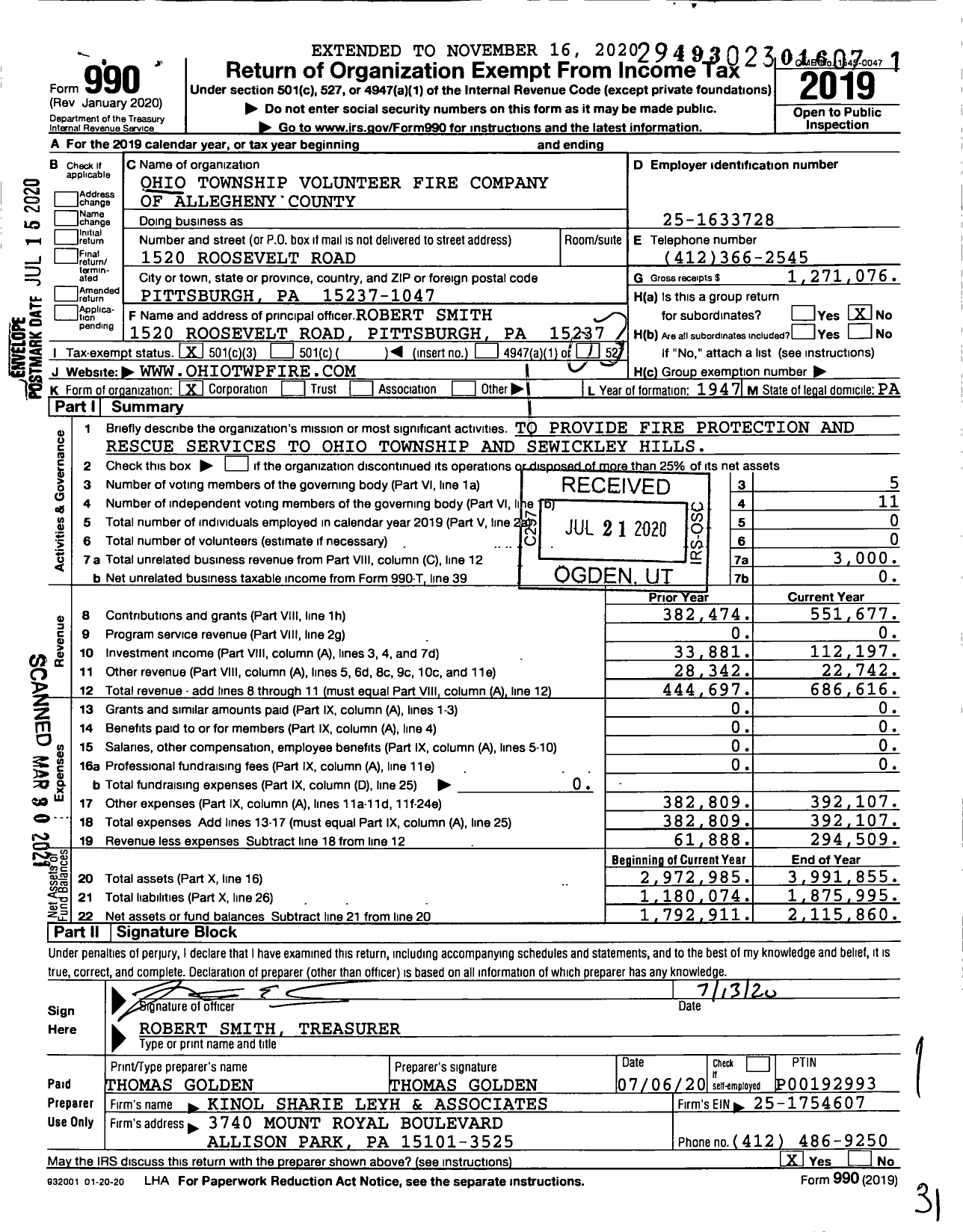 Image of first page of 2019 Form 990 for Ohio Township Volunteer Fire Company of Allegheny County