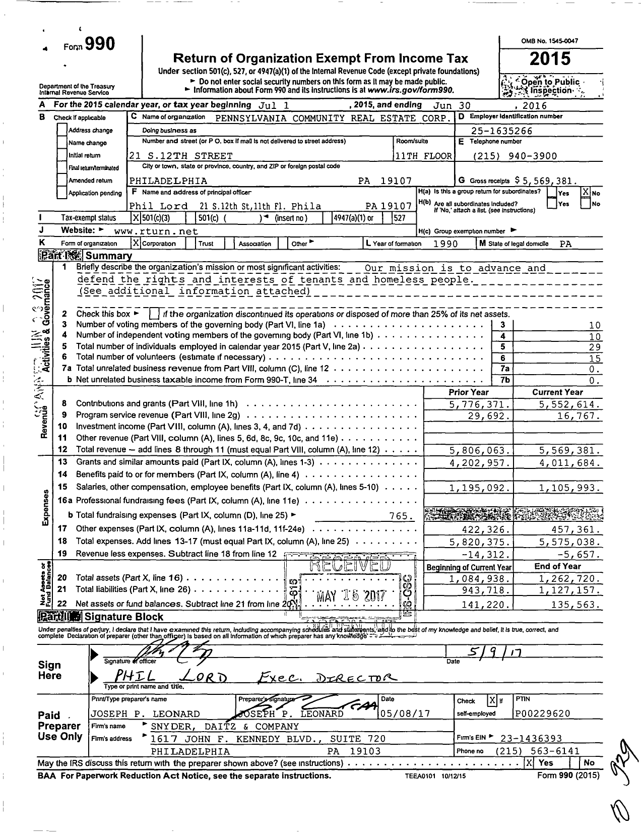 Image of first page of 2015 Form 990 for Tenant Union Representative Network (TURN)